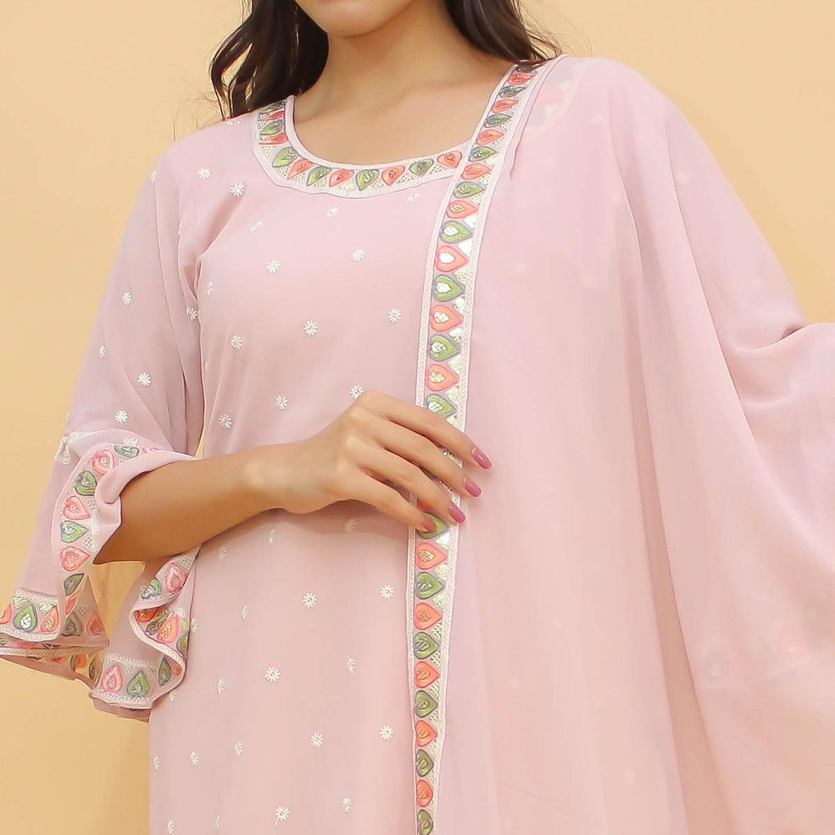 Dusty Pink Sequence Embroidered With Foil Georgette Sharara Suit - Peachmode