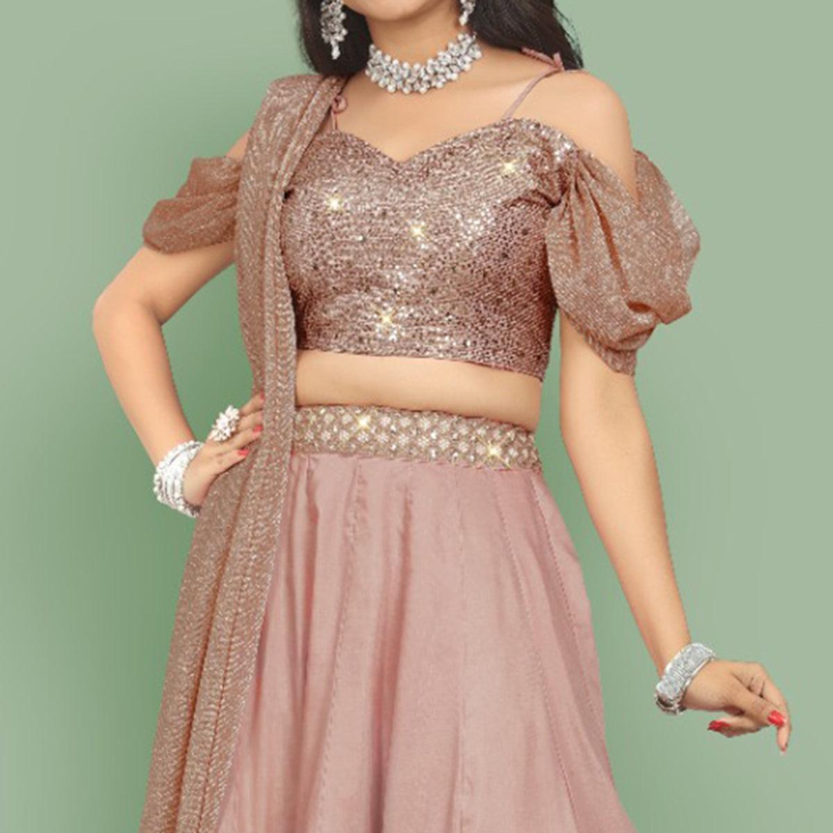 Dusty Rose Pink  Partywear Sequence Embroidery Silk Lehenga Choli - Peachmode