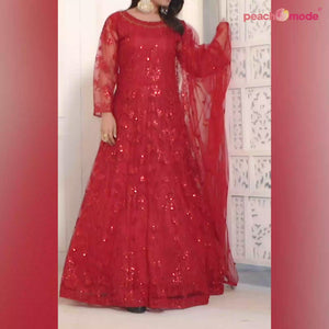 Red Embroidered Netted Anarkali Style Gown