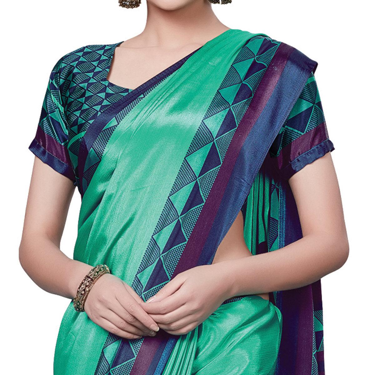Elegant Aqua Green Colored Casual Wear Printed Crepe Saree - Peachmode