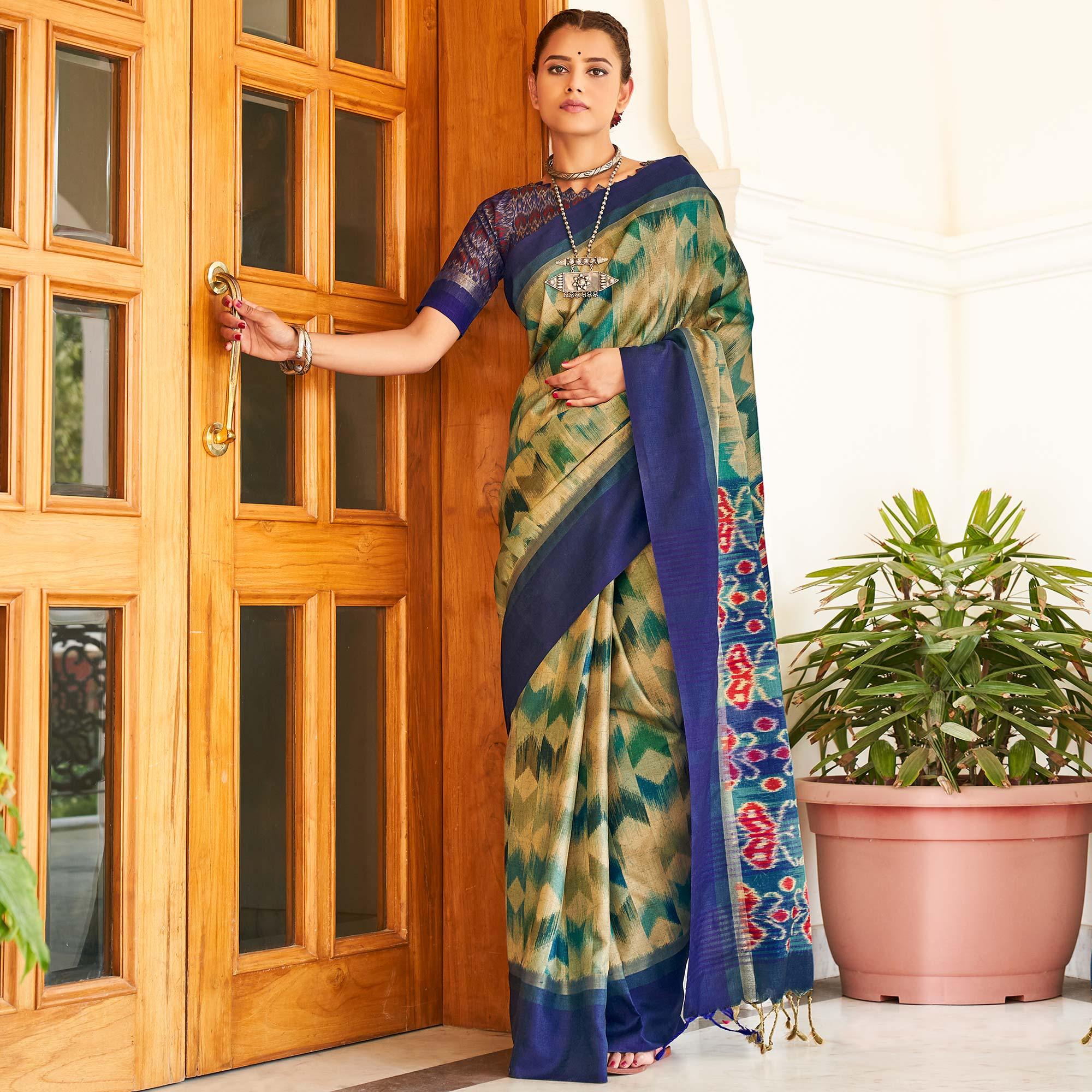 Elegant Beige & Green Coloured Partywear Woven Silk Saree - Peachmode