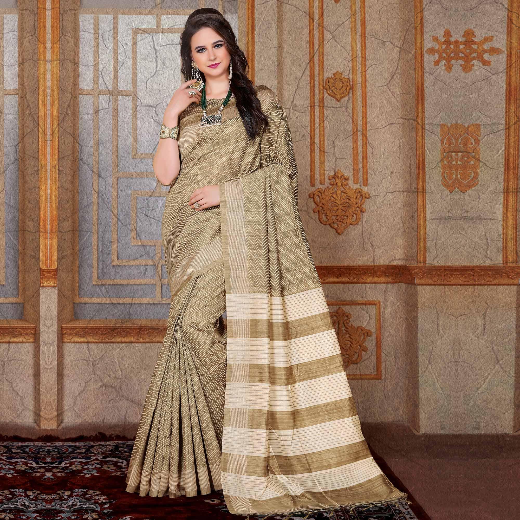 Elegant Beige Colored Festive Wear Printed Bhagalpuri Silk Saree - Peachmode