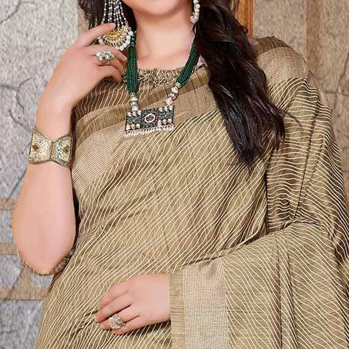 Elegant Beige Colored Festive Wear Printed Bhagalpuri Silk Saree - Peachmode