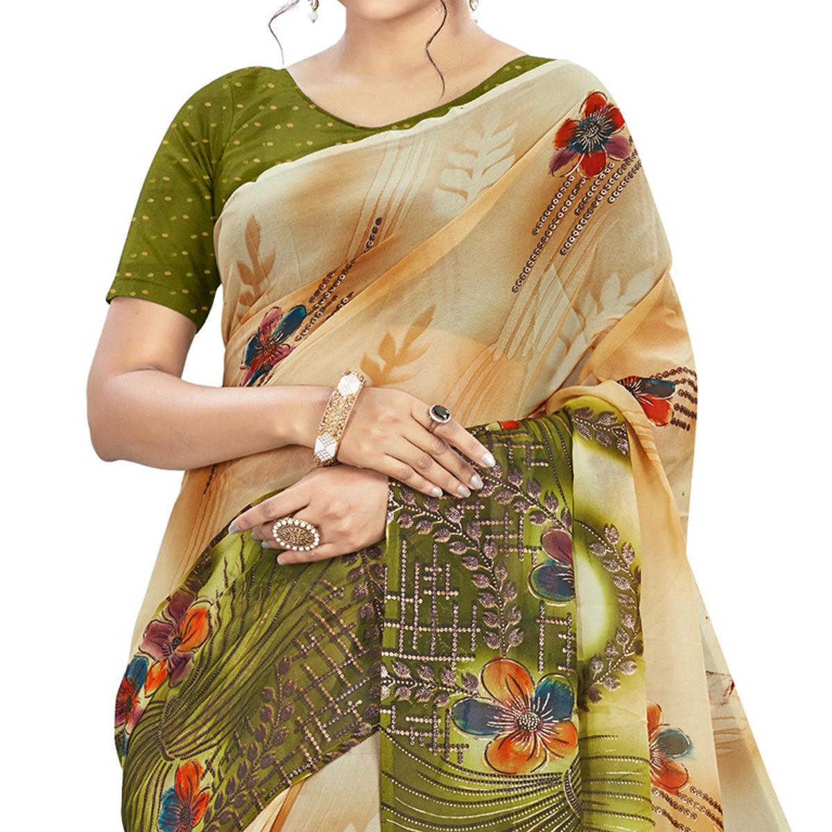 Elegant Beige - Green Colored Casual Wear Printed Georgette Saree - Peachmode