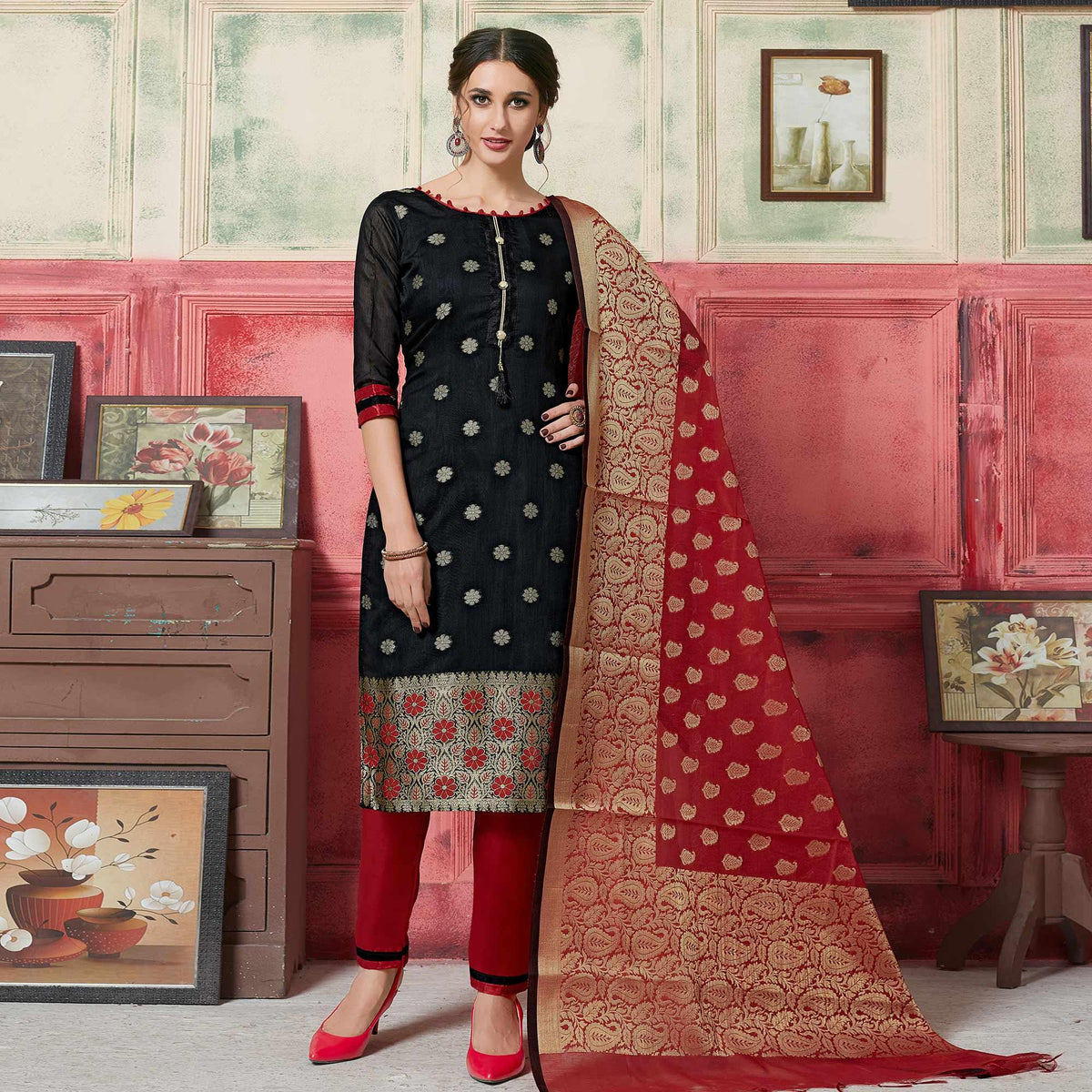 Elegant Black Colored Festive Wear Woven Jacquard Silk Dress