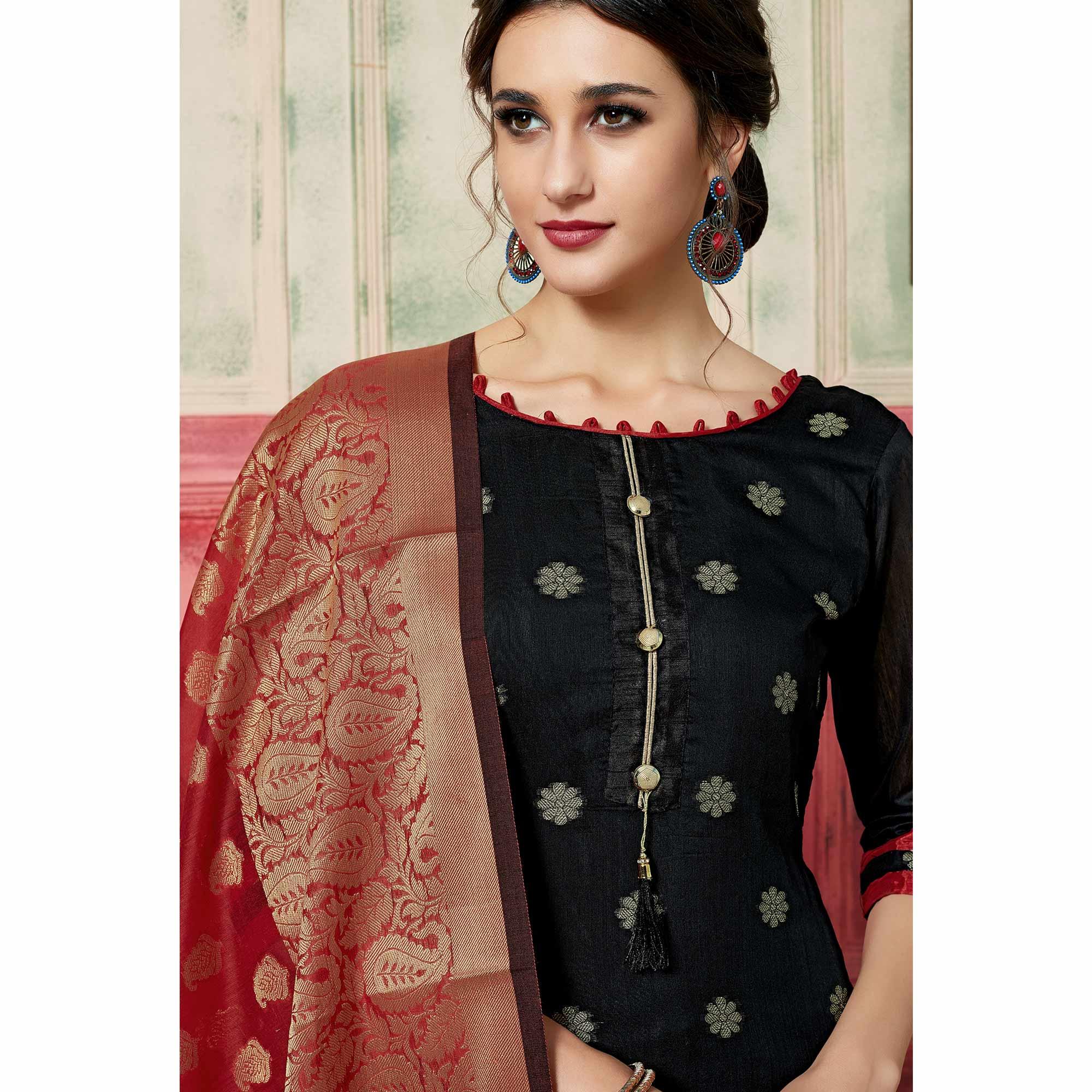 Elegant Black Colored Festive Wear Woven Jacquard Silk Dress Material With Banarasi Silk Dupatta - Peachmode