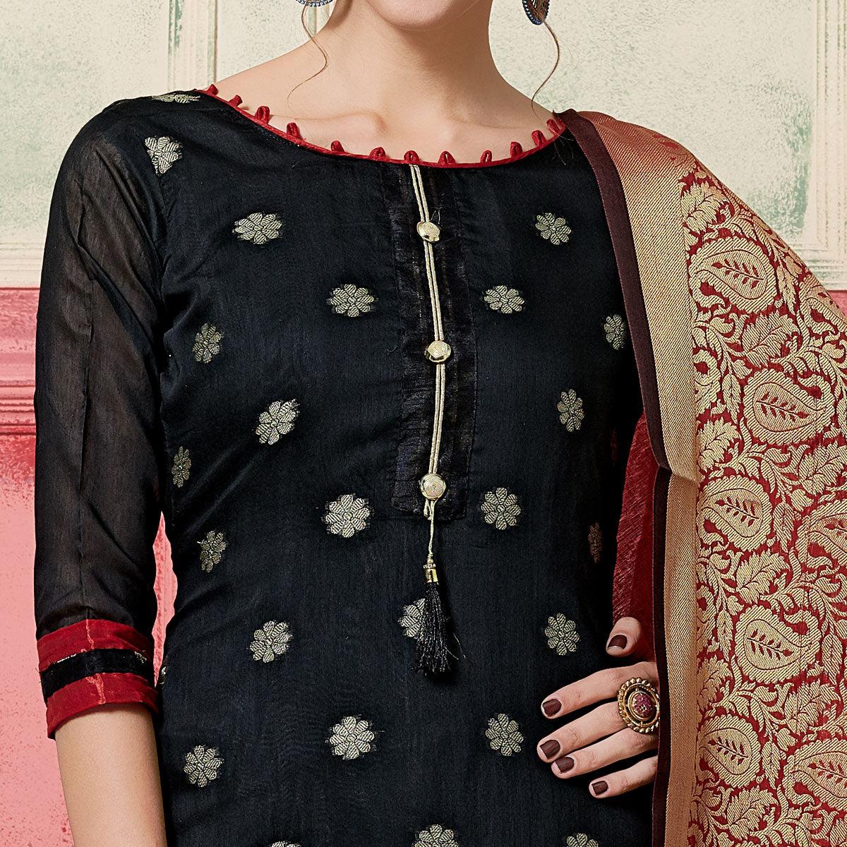 Elegant Black Colored Festive Wear Woven Jacquard Silk Dress Material With Banarasi Silk Dupatta - Peachmode