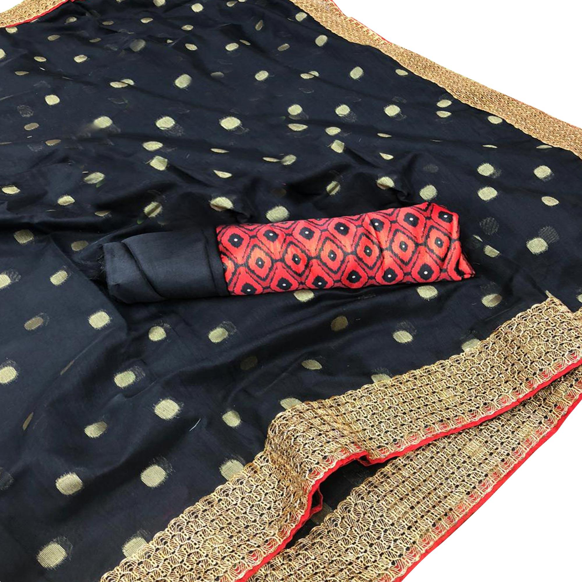 Elegant Black Colored Party Wear Embroidered Cotton Saree - Peachmode