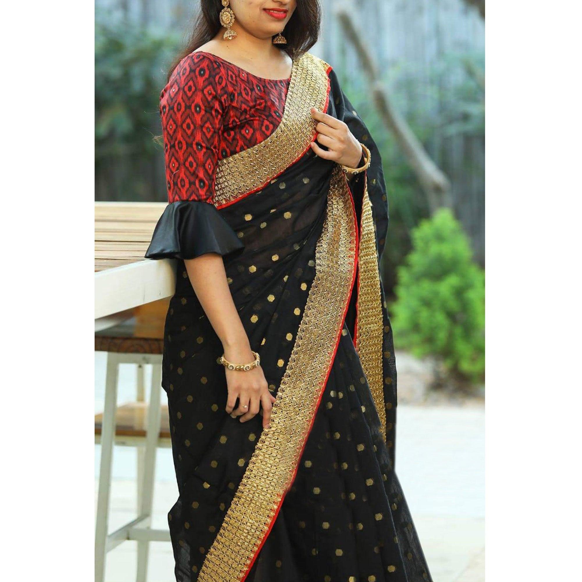 Elegant Black Colored Party Wear Embroidered Cotton Saree - Peachmode