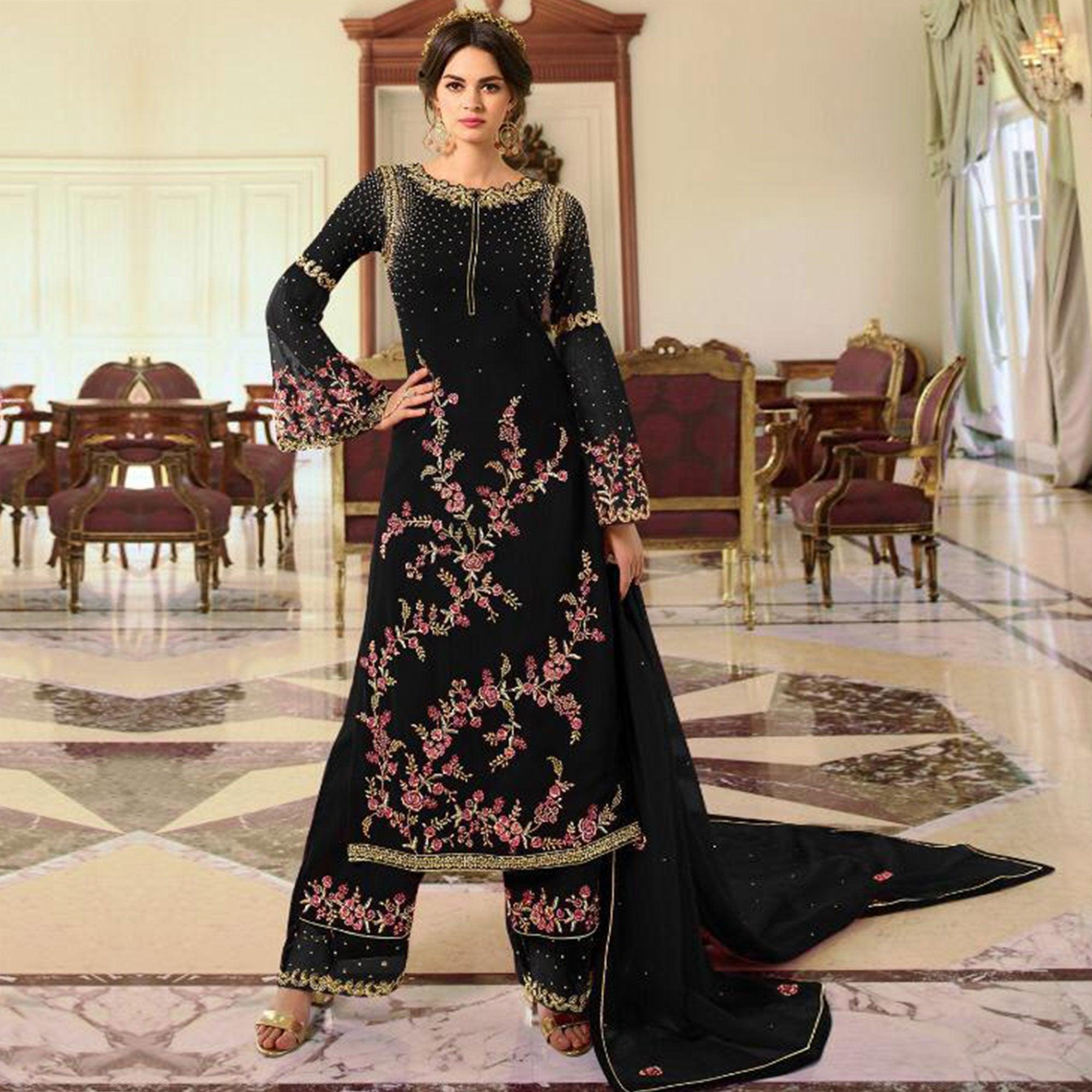 Elegant Black Colored Partywear Embroidered Georgette Palazzo Suit - Peachmode