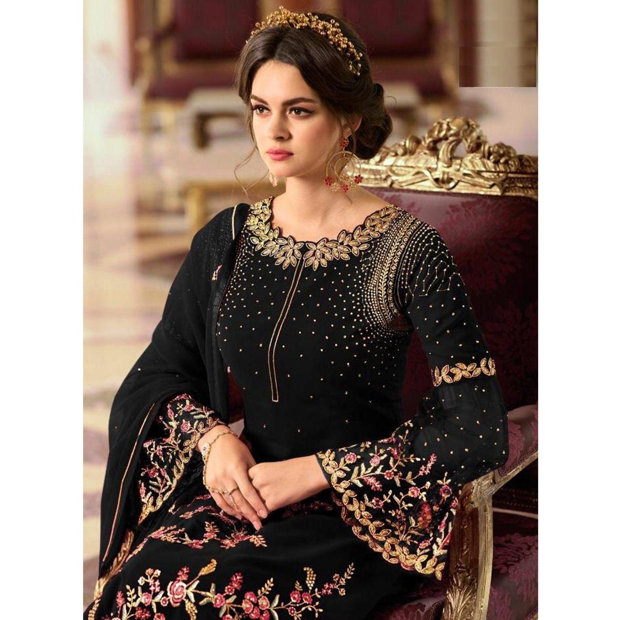 Elegant Black Colored Partywear Embroidered Georgette Palazzo Suit - Peachmode