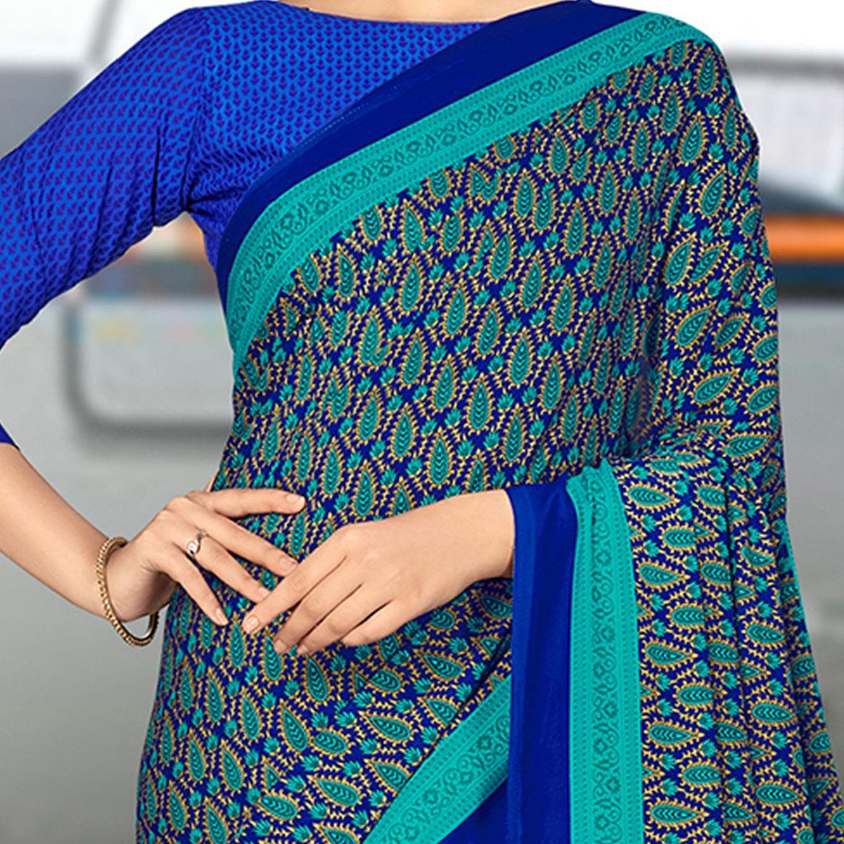 Elegant Blue & Turquoise Coloured Casual Wear Printed Crepe Saree - Peachmode