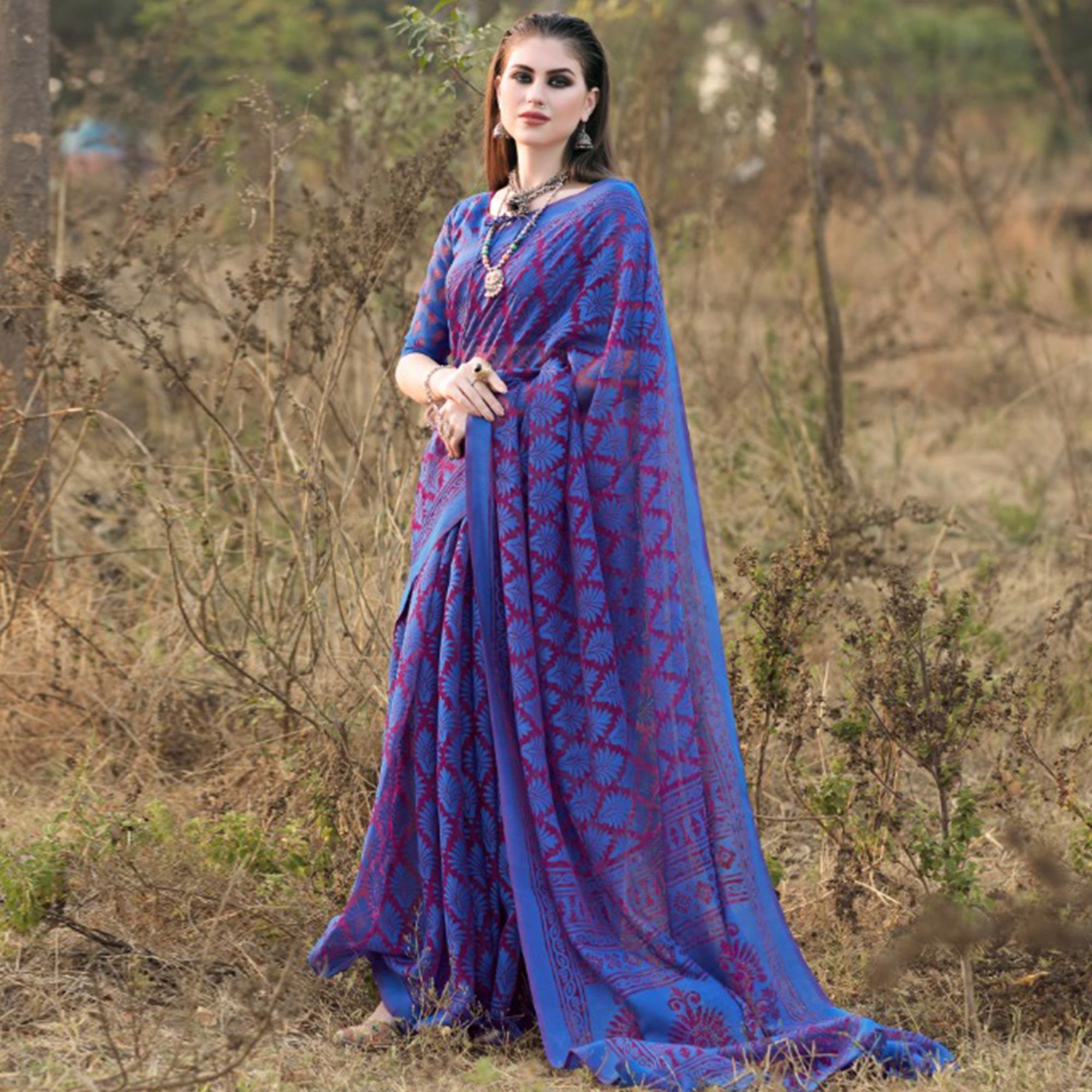 Elegant Blue Colored Casual Wear Printed Brasso Saree - Peachmode