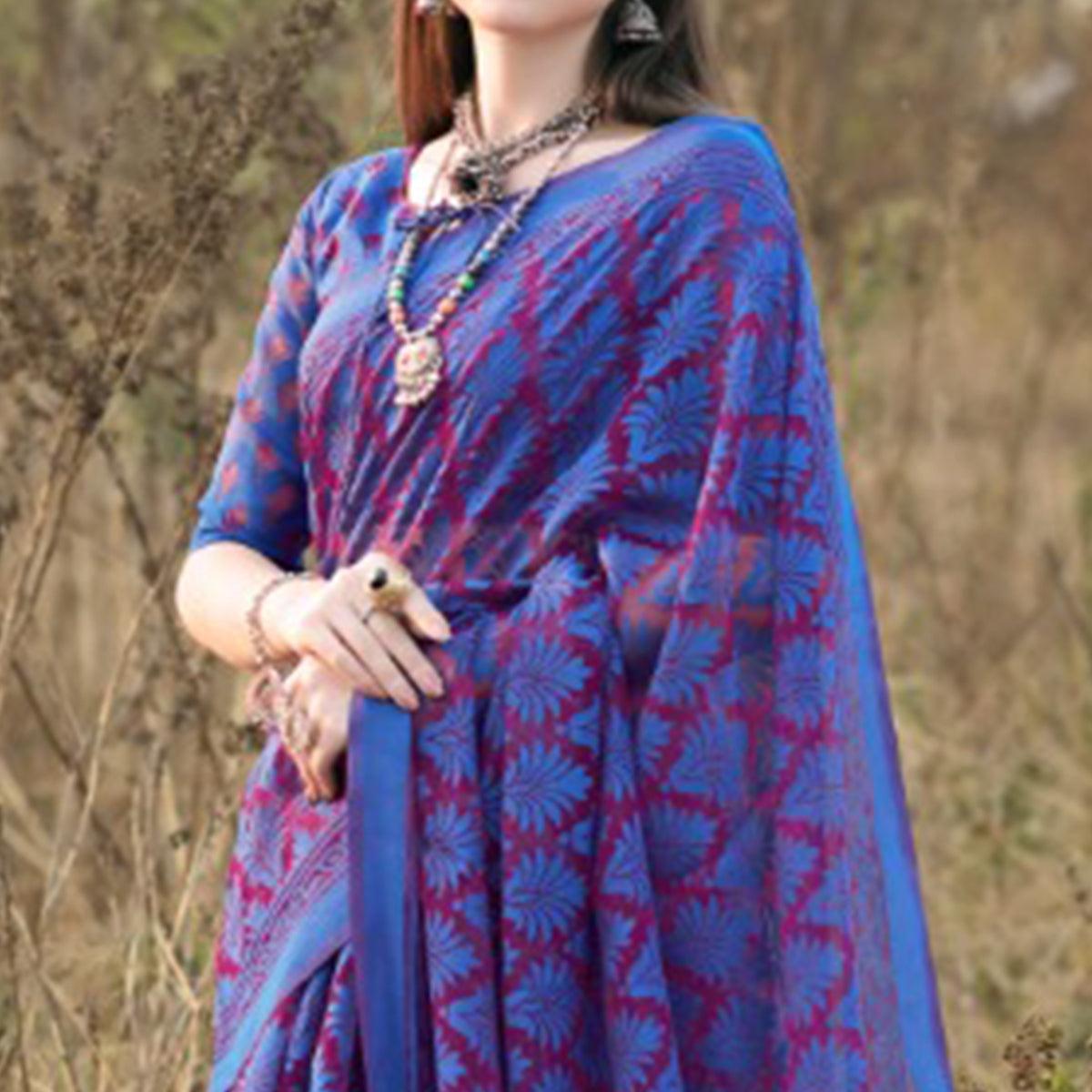 Elegant Blue Colored Casual Wear Printed Brasso Saree - Peachmode