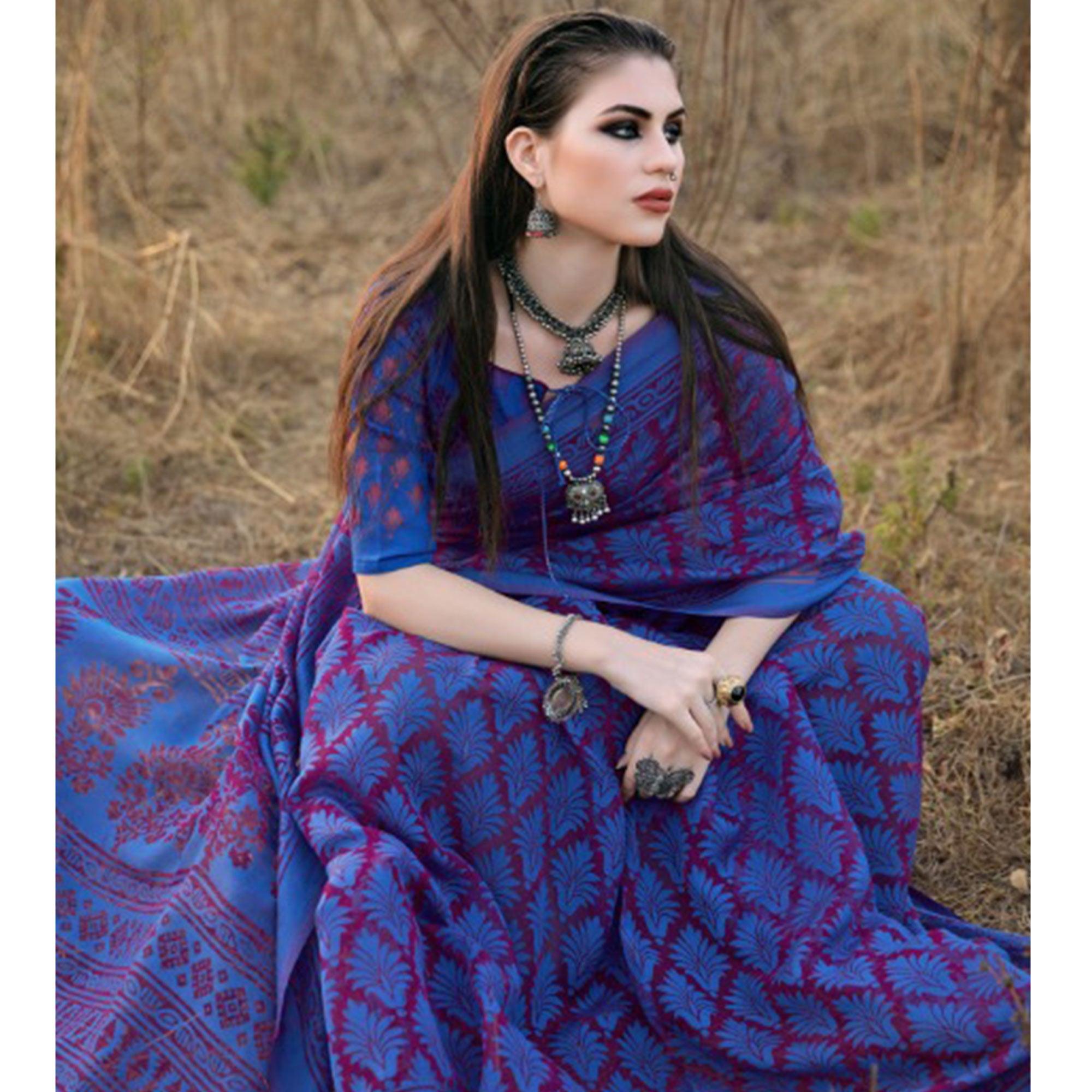 Elegant Blue Colored Casual Wear Printed Brasso Saree - Peachmode