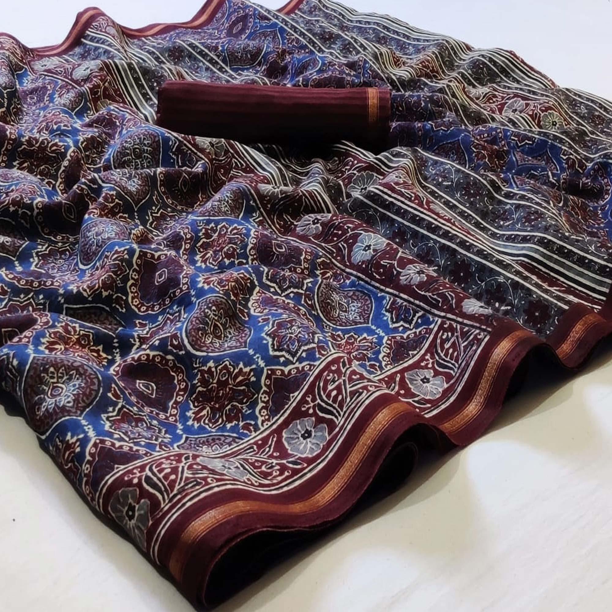 Elegant Blue Colored Casual Wear Printed Cotton Saree - Peachmode