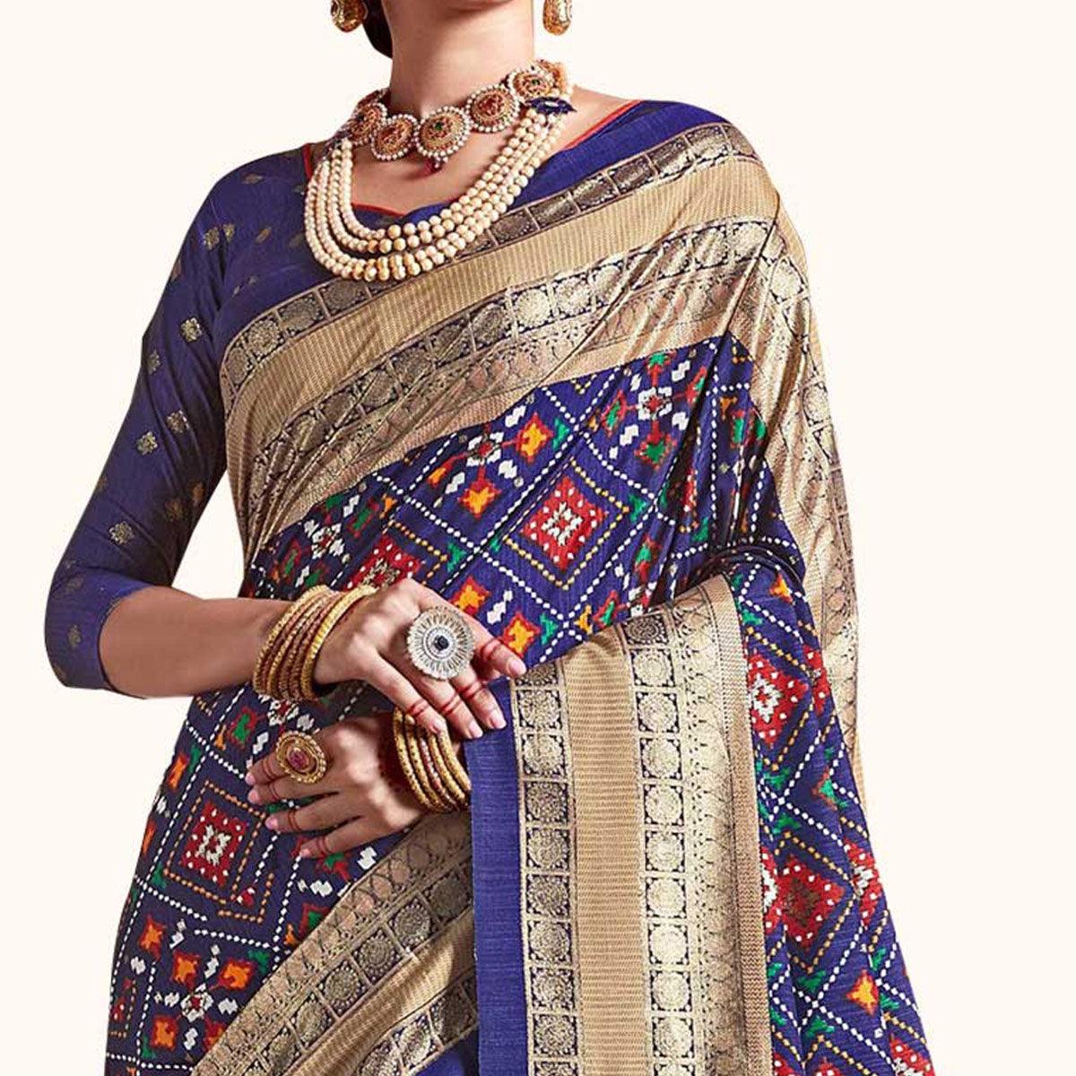 Elegant Blue Colored Festive Wear Printed Kanjivaram Silk Saree - Peachmode