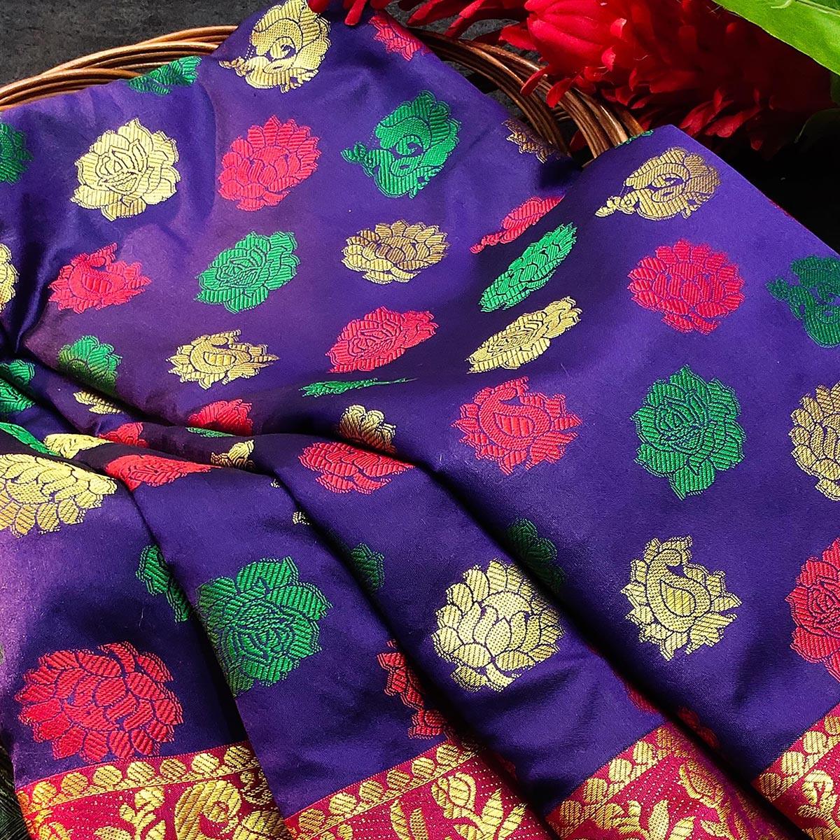 Elegant Blue Colored Festive Wear Woven Kanjivaram Silk Saree - Peachmode