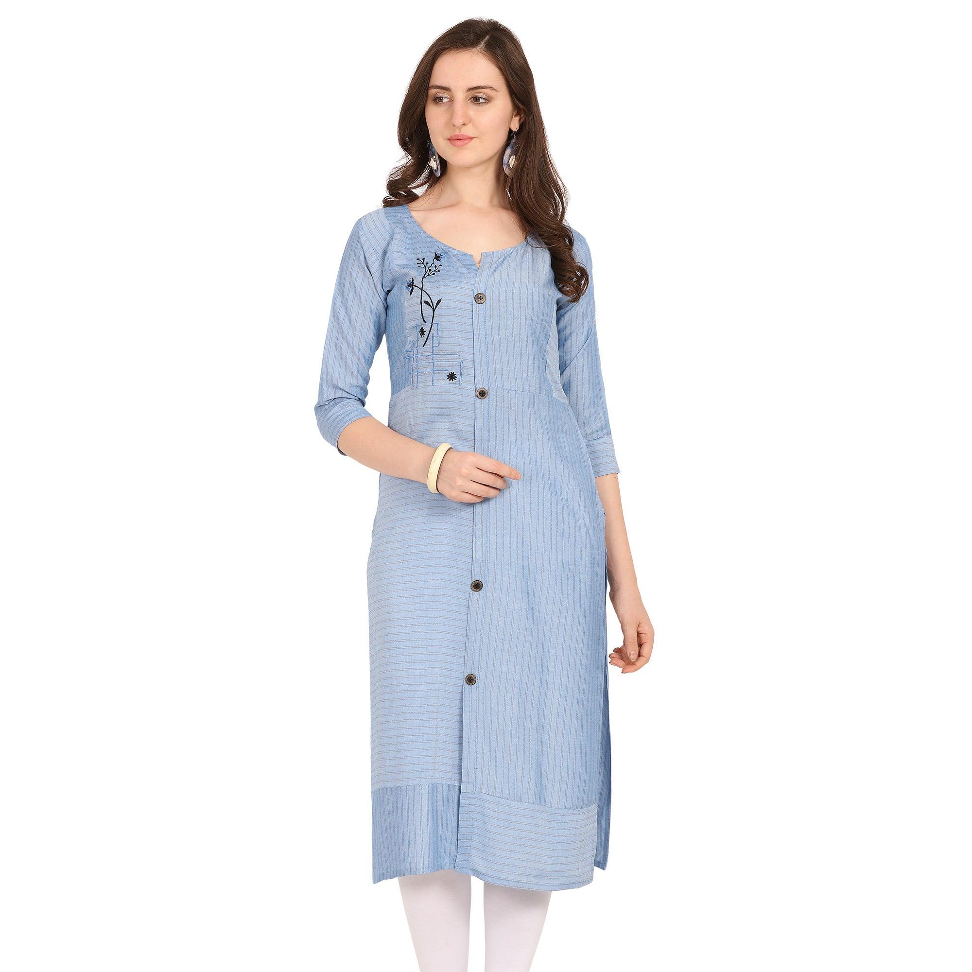 Elegant Blue Colored Party Wear Embellished Work Rayon Kurti - Peachmode