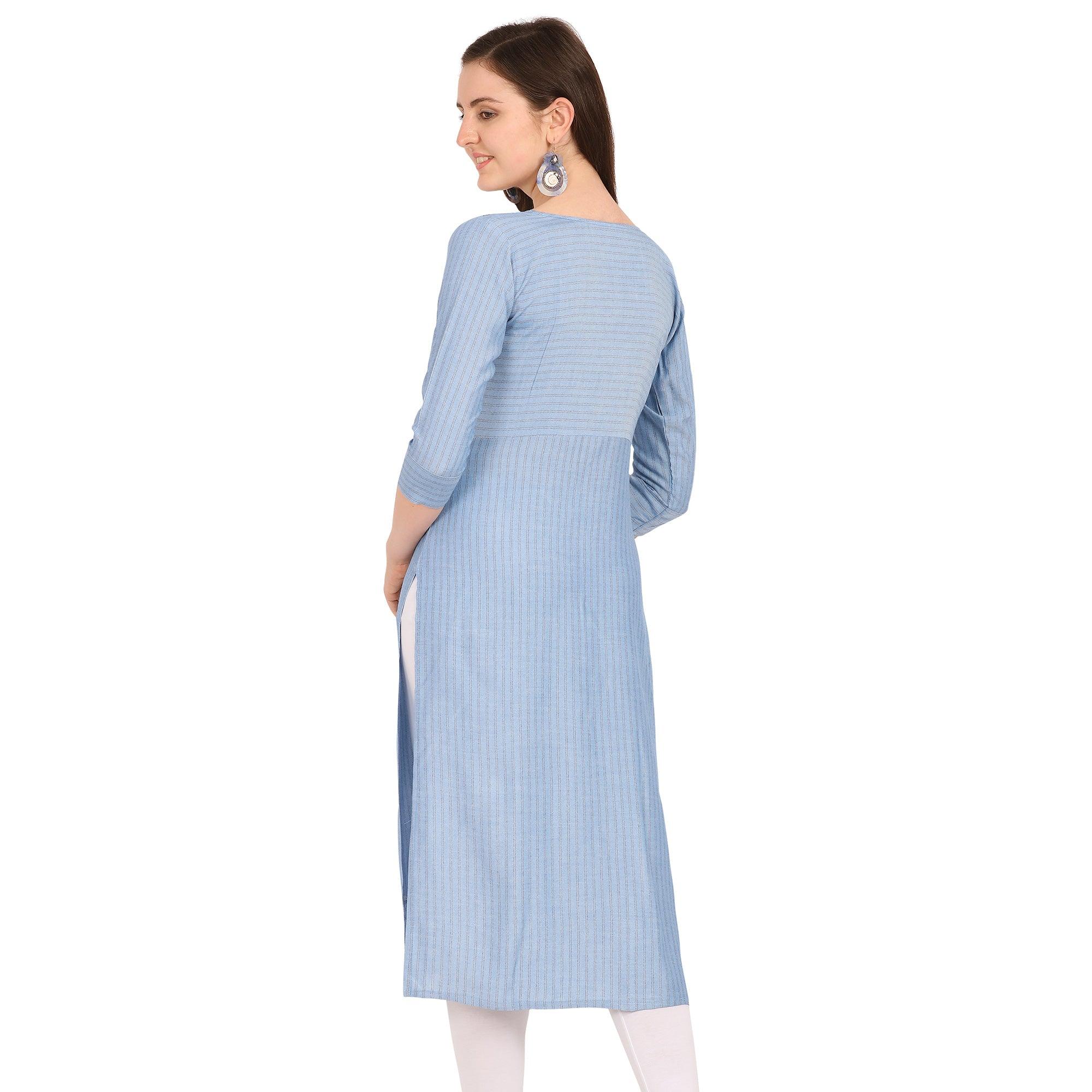 Elegant Blue Colored Party Wear Embellished Work Rayon Kurti - Peachmode