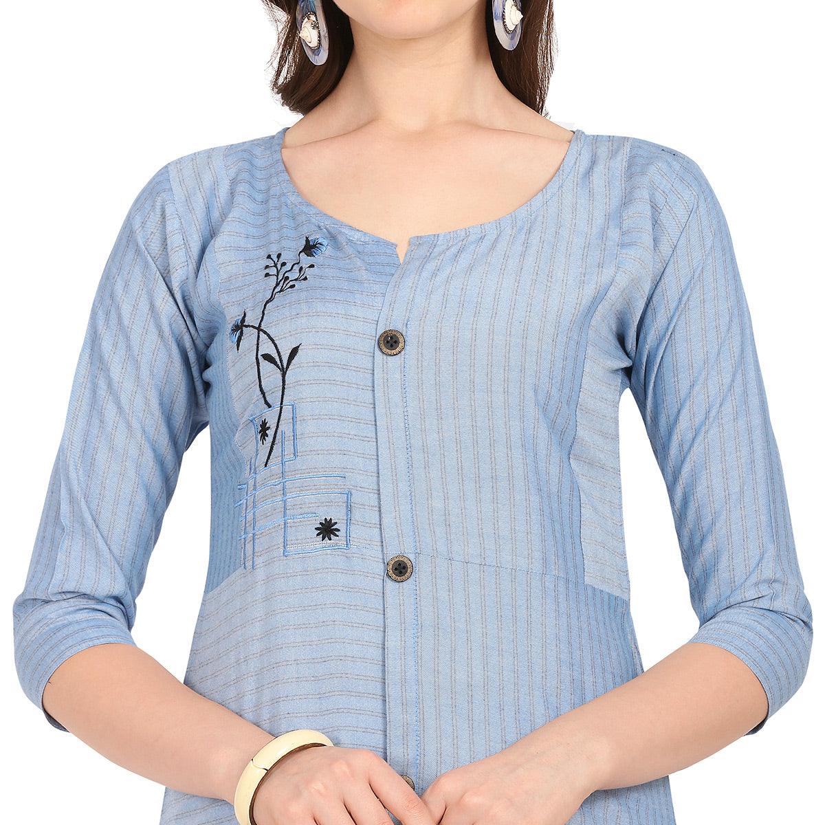 Elegant Blue Colored Party Wear Embellished Work Rayon Kurti - Peachmode