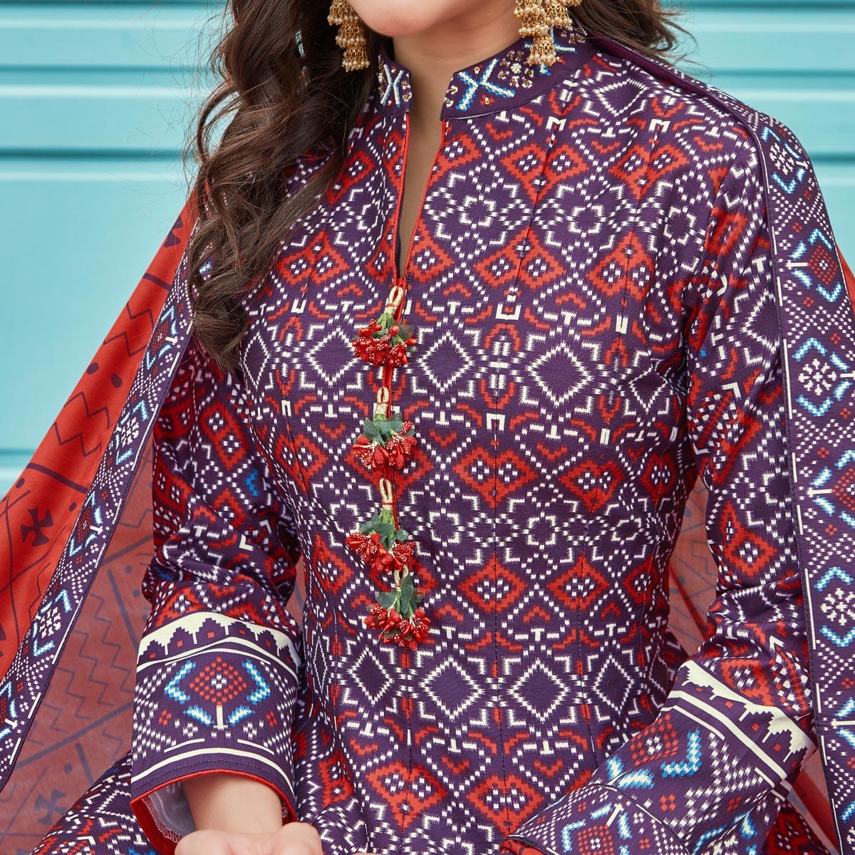 Elegant Blue Colored Partywear Patola Printed Silk Anarkali Suit - Peachmode