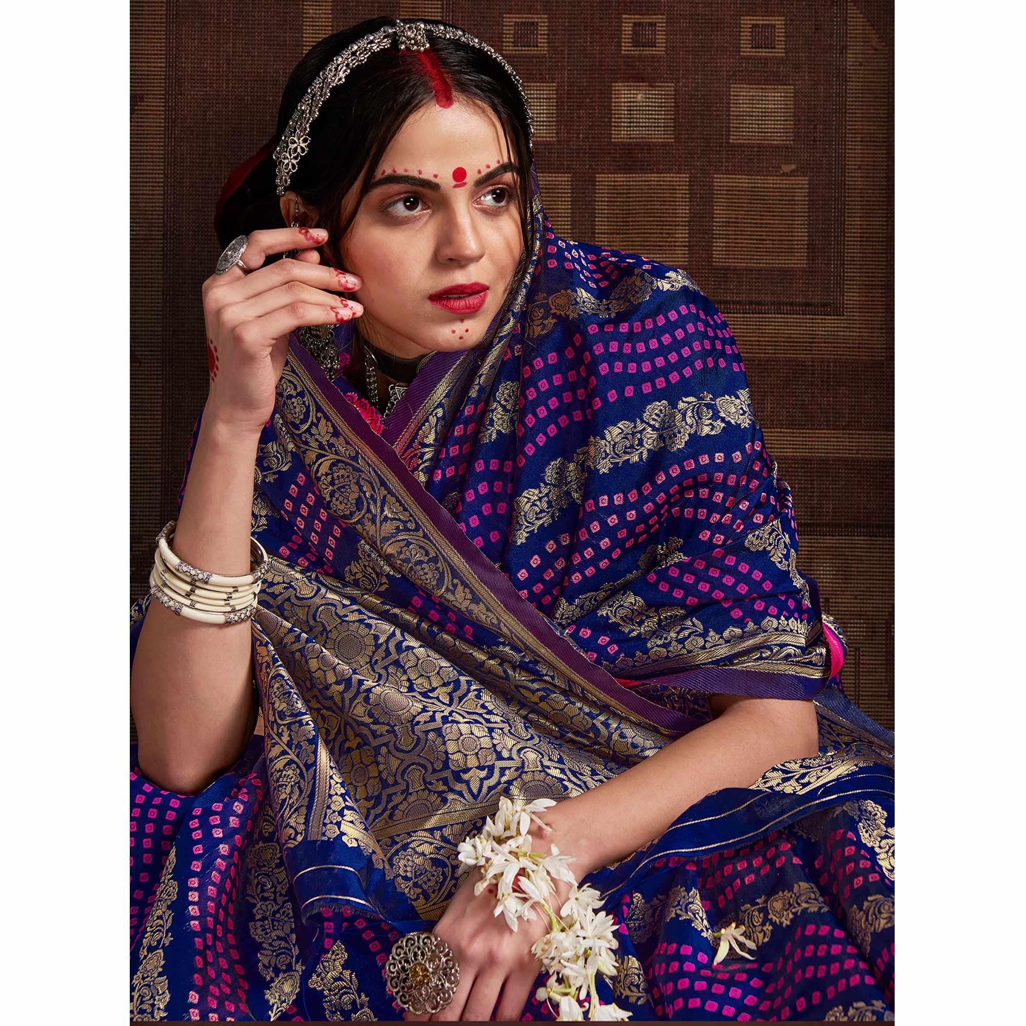 Elegant Blue Coloured Designer Party Wear Silk Saree - Peachmode