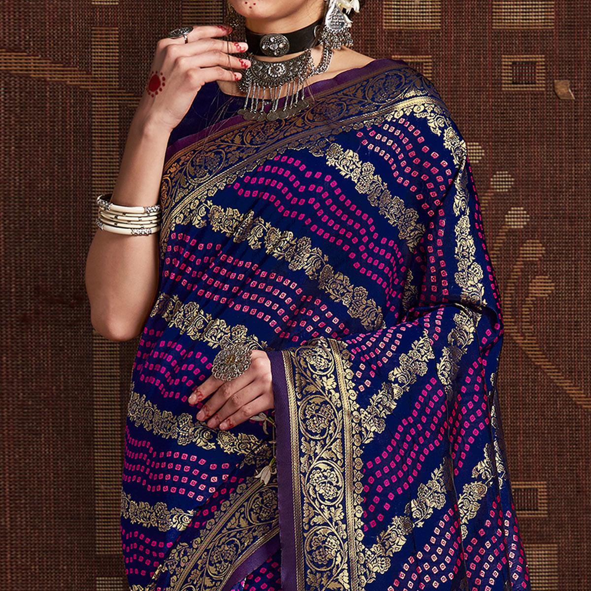 Elegant Blue Coloured Designer Party Wear Silk Saree - Peachmode