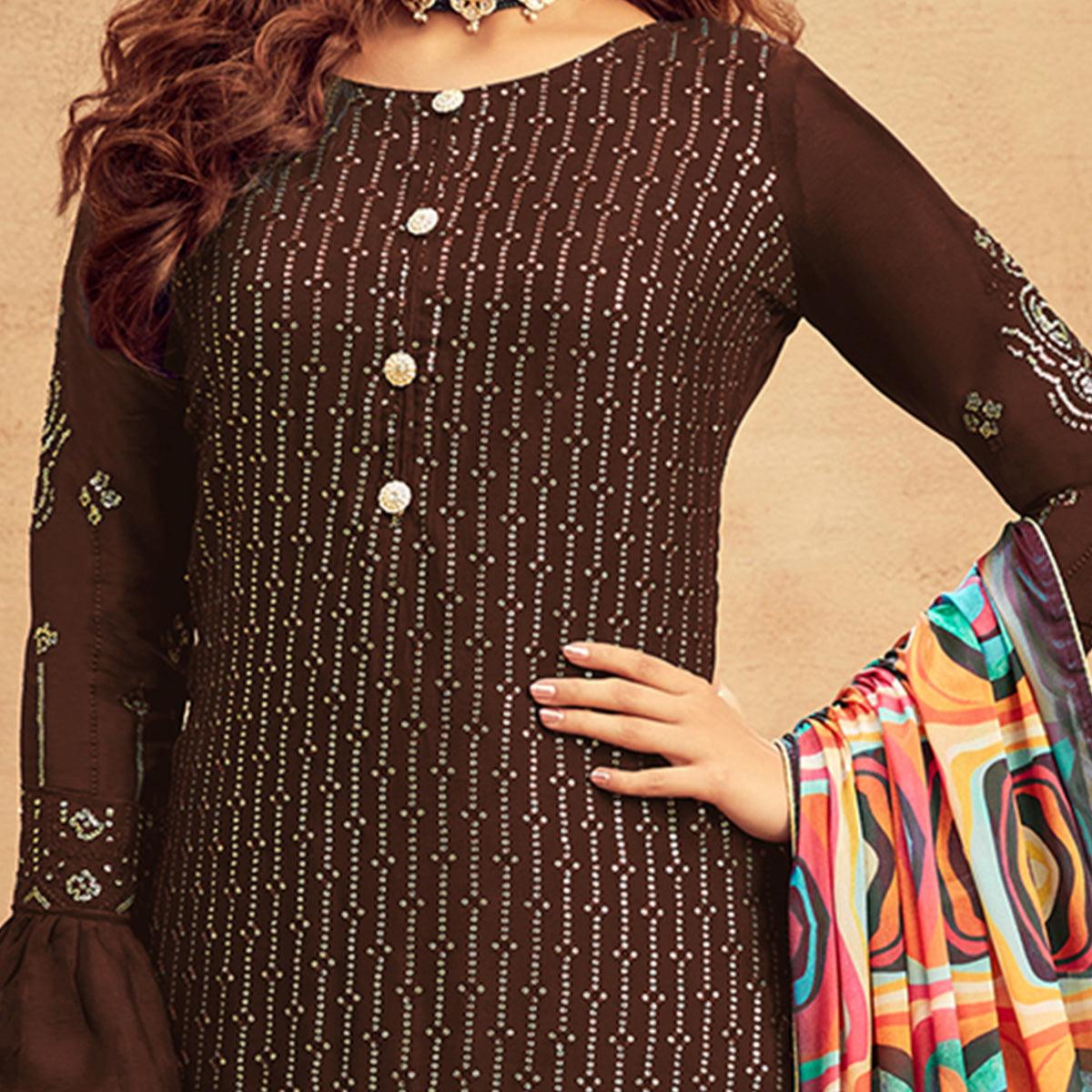 Elegant Bronze Coloured Partywear Designer Embroidered Sequence Heavy Faux Georgette Palazzo Suit - Peachmode