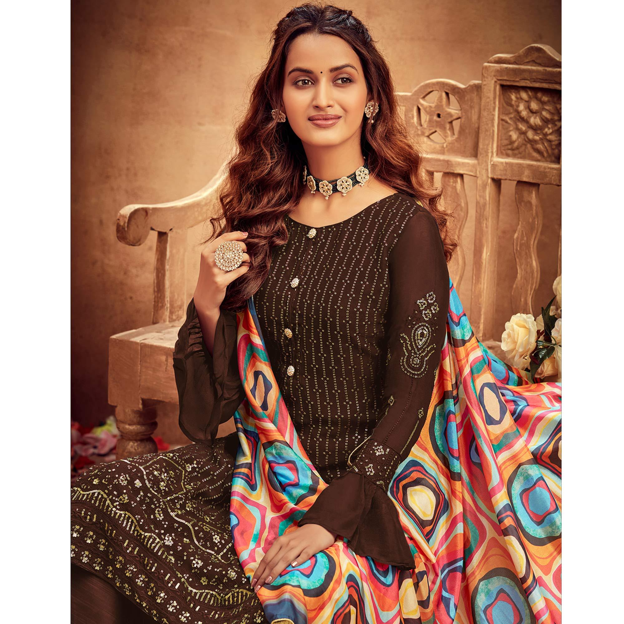 Elegant Bronze Coloured Partywear Designer Embroidered Sequence Heavy Faux Georgette Palazzo Suit - Peachmode