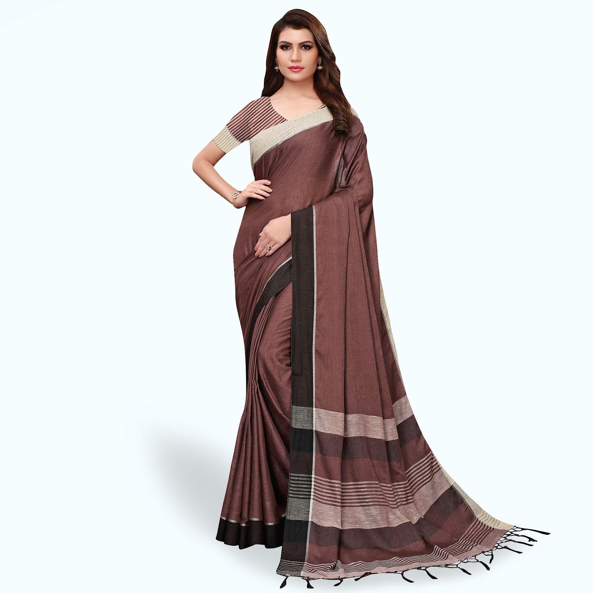 Elegant Brown Colored Festive Wear Linen Saree - Peachmode