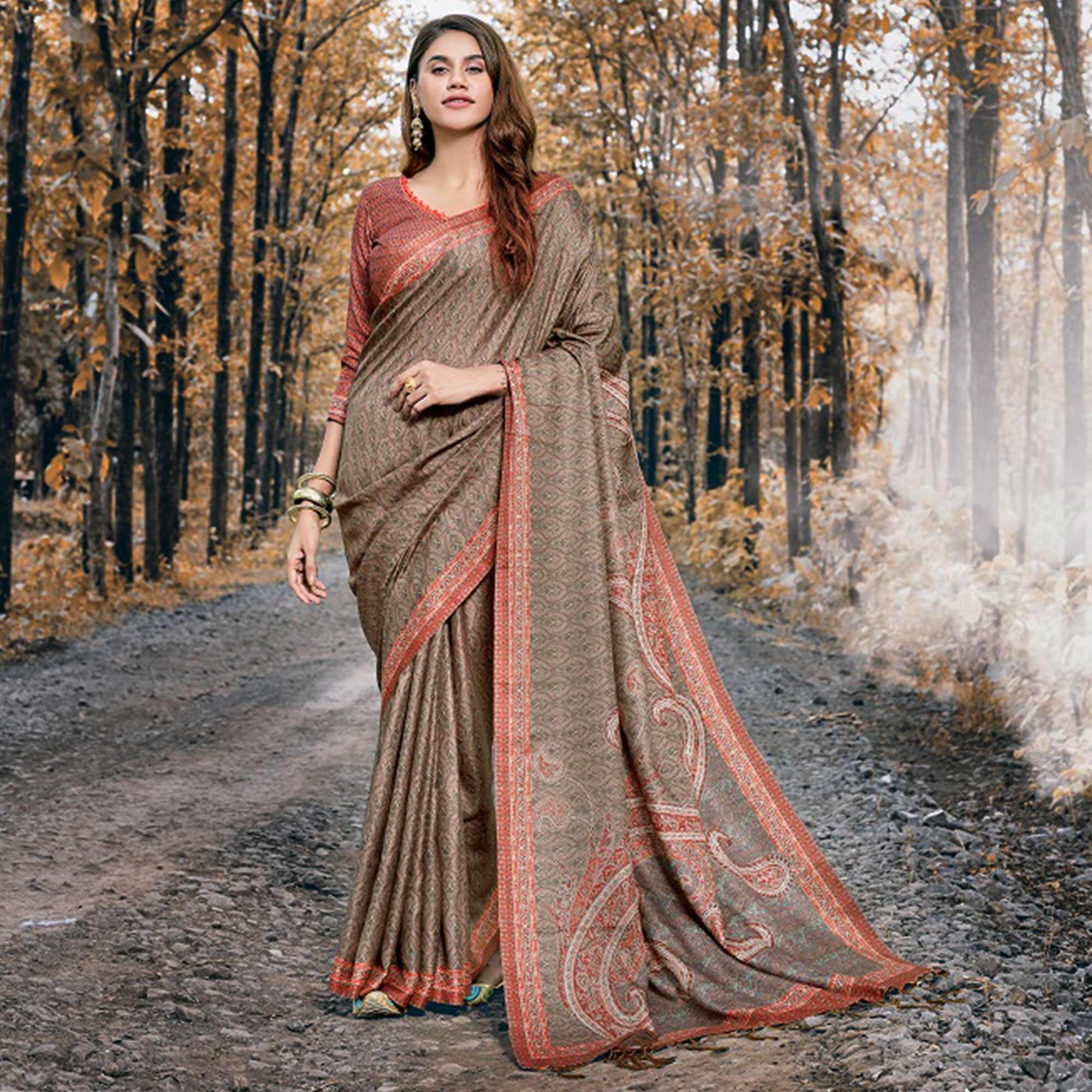 Elegant Brown Colored Festive Wear Printed Art Silk Saree - Peachmode