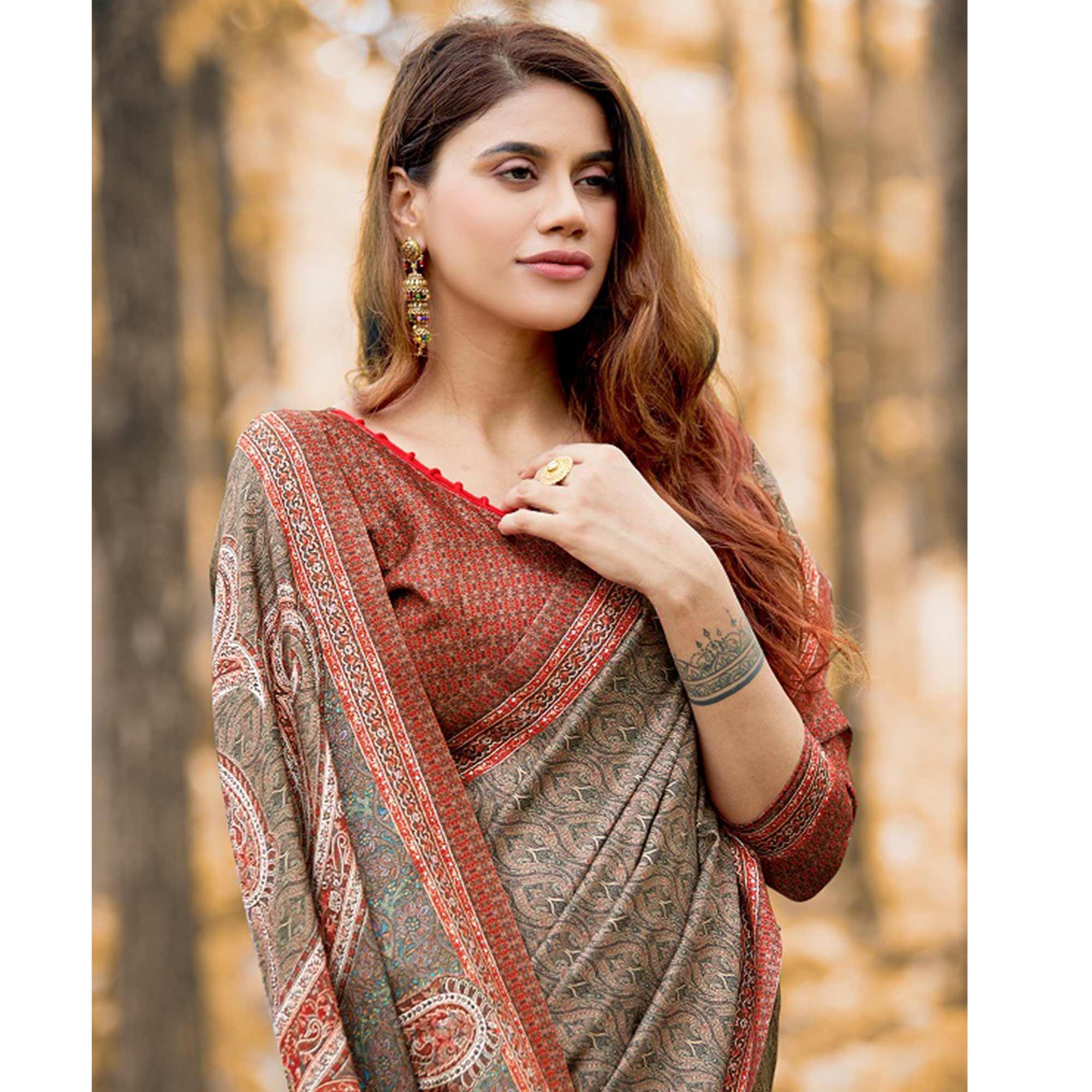 Elegant Brown Colored Festive Wear Printed Art Silk Saree - Peachmode