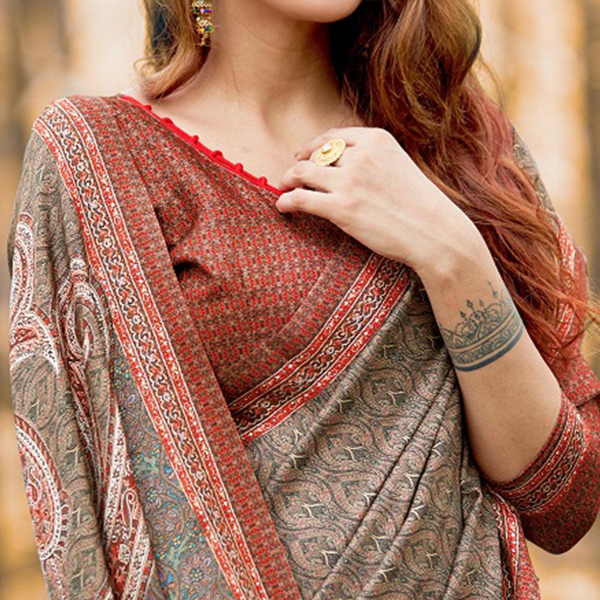 Elegant Brown Colored Festive Wear Printed Art Silk Saree - Peachmode