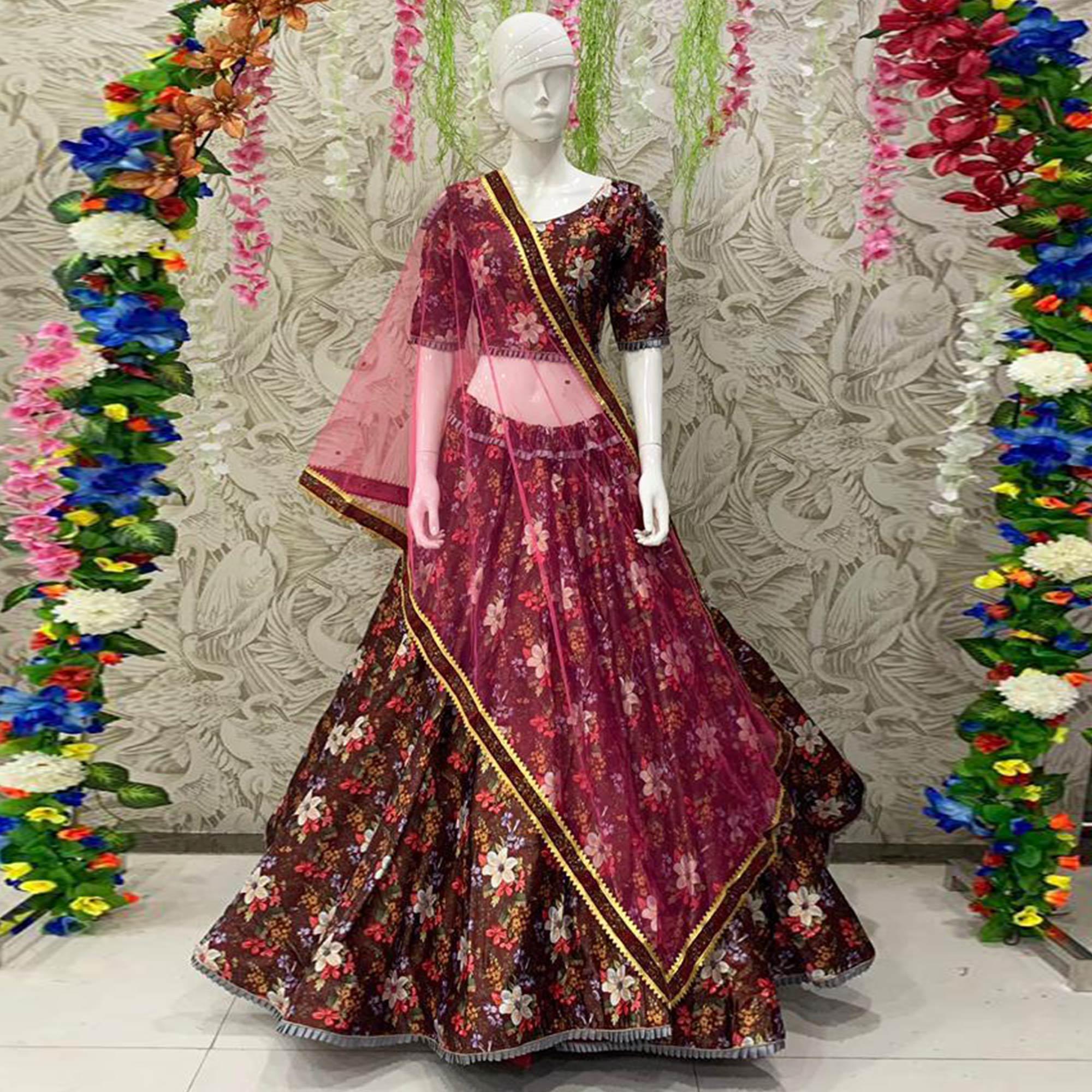 Elegant Brown Coloured Partywear Embroidered Dual Satin Lehenga Choli - Peachmode