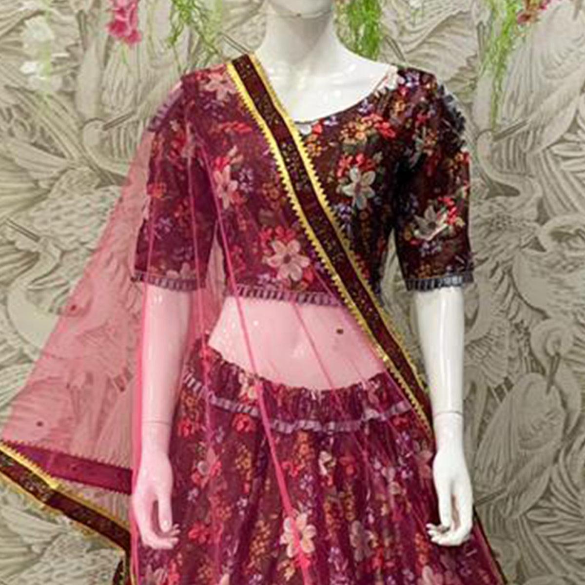 Elegant Brown Coloured Partywear Embroidered Dual Satin Lehenga Choli - Peachmode