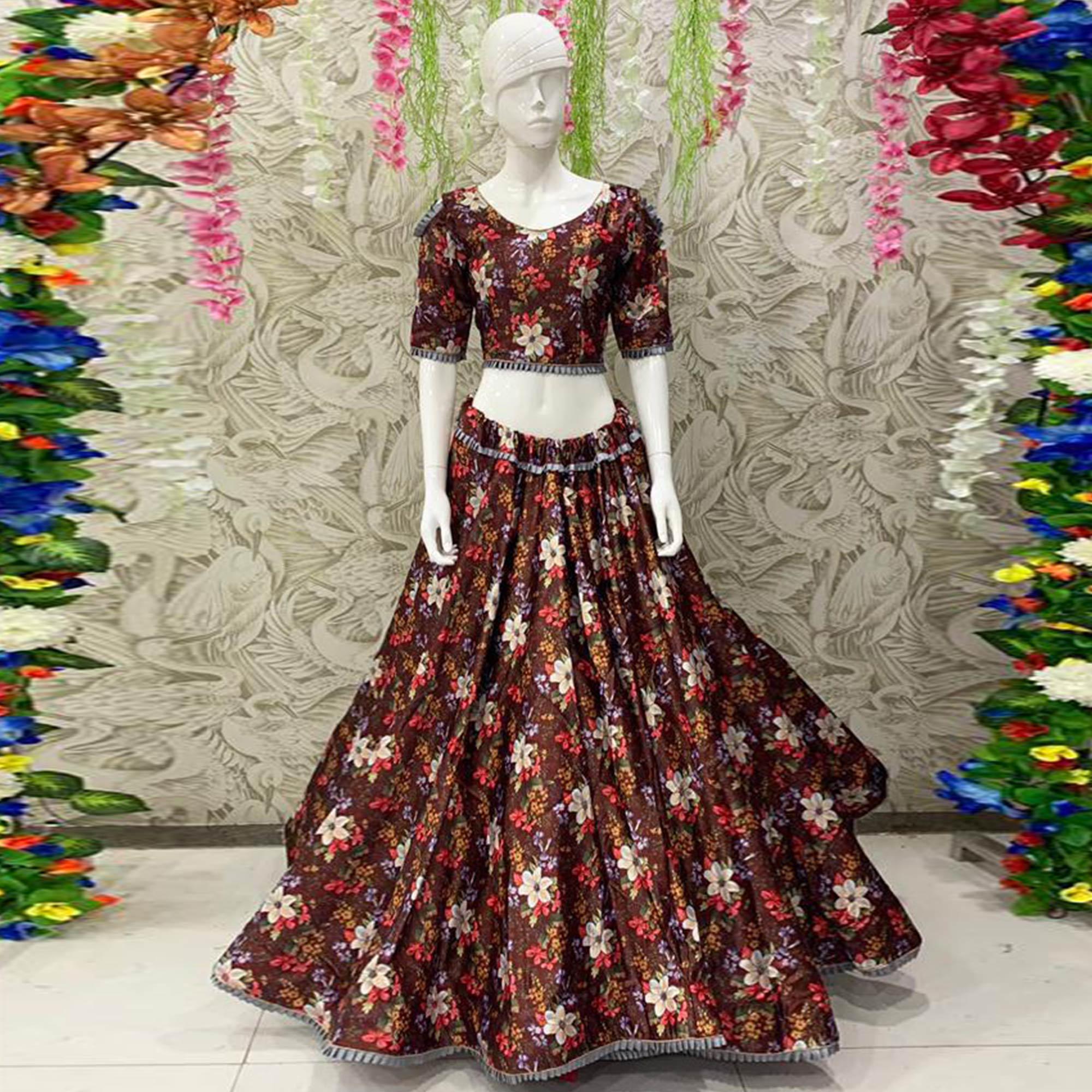 Elegant Brown Coloured Partywear Embroidered Dual Satin Lehenga Choli - Peachmode