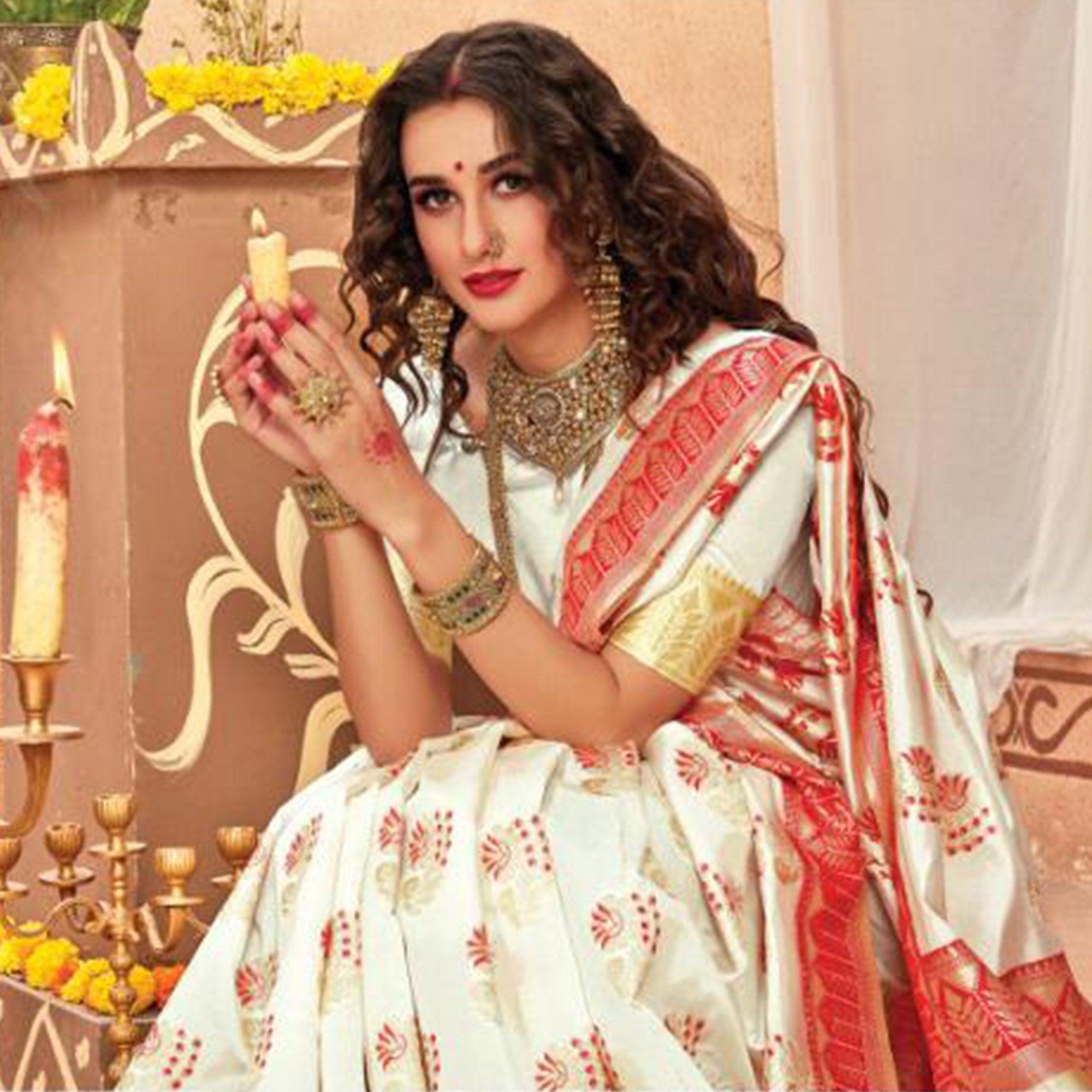 Elegant Cream Colored Festive Wear Woven Silk Blend Saree With Tassels - Peachmode