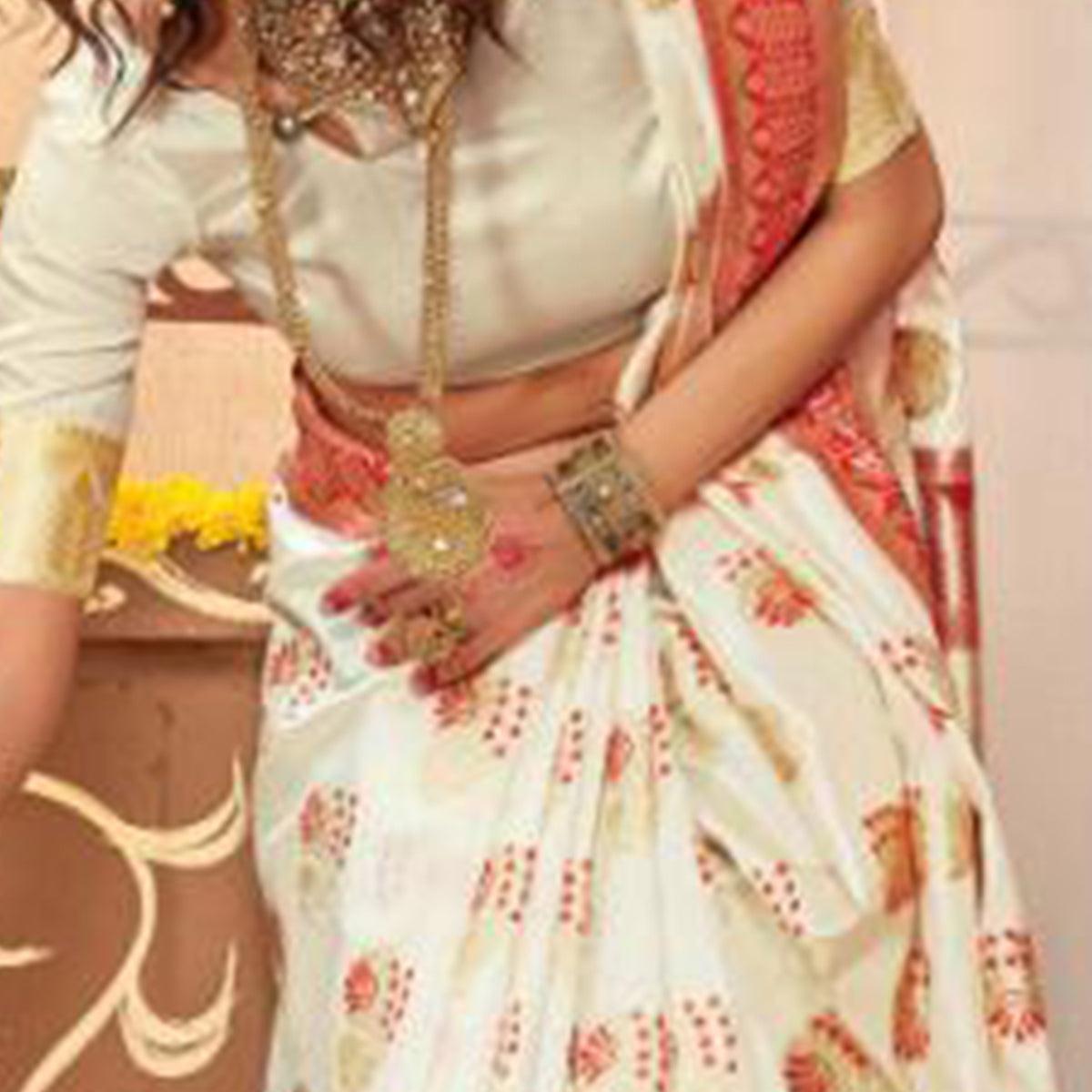 Elegant Cream Colored Festive Wear Woven Silk Blend Saree With Tassels - Peachmode