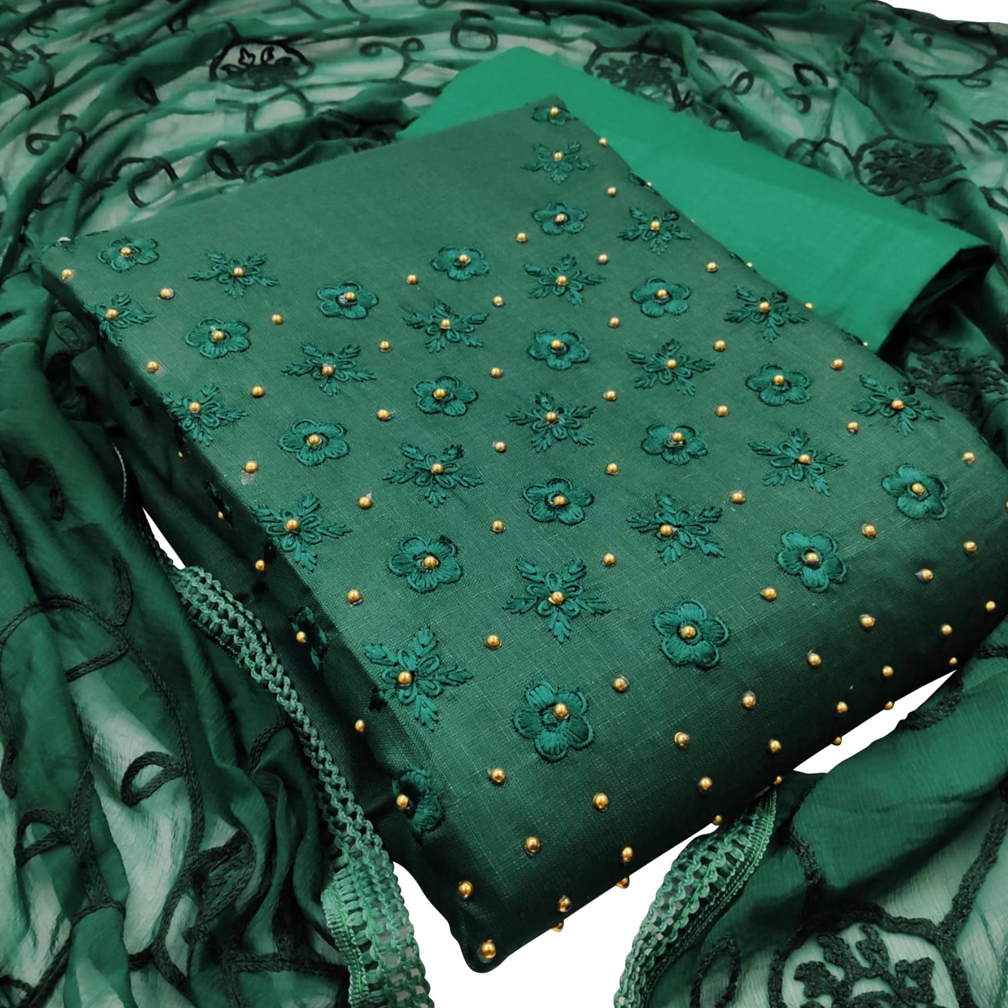 Elegant Dark Green Colored Casual Wear Embroidered Cotton Dress Material