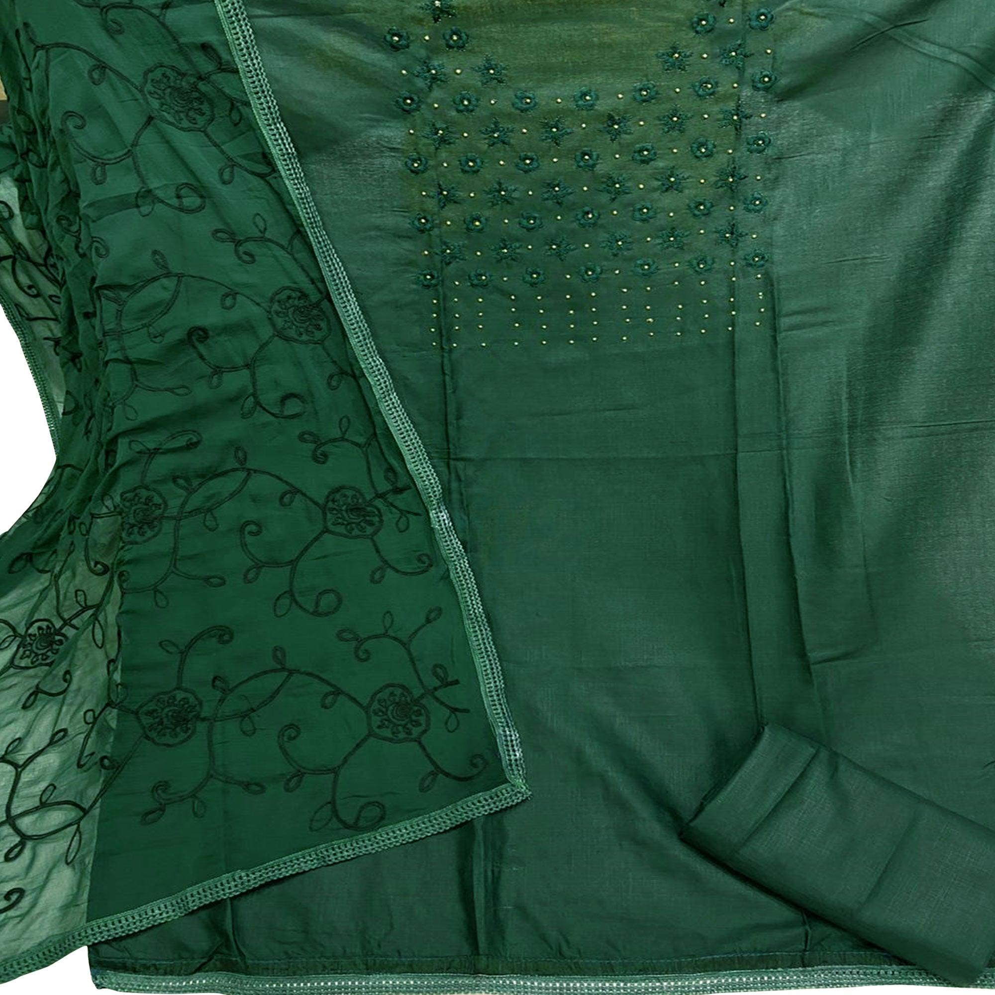 Elegant Dark Green Colored Casual Wear Embroidered Cotton Dress Material - Peachmode
