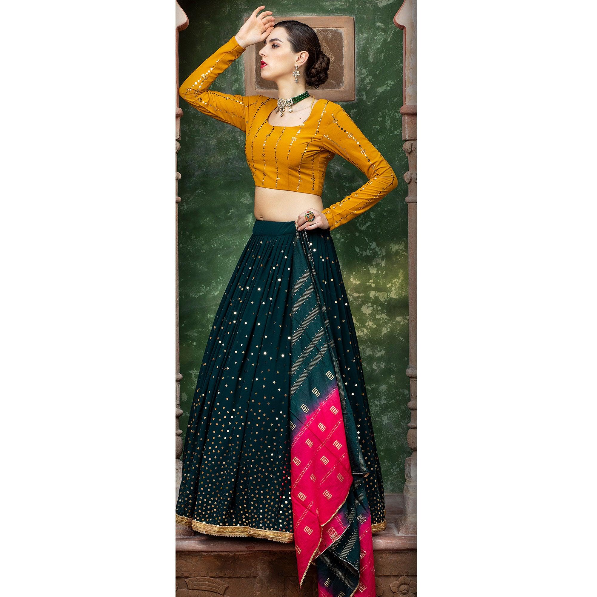 Elegant Dark Green  Coloured Festive Wear Fancy Sequence Work Georgette Lehenga Choli - Peachmode