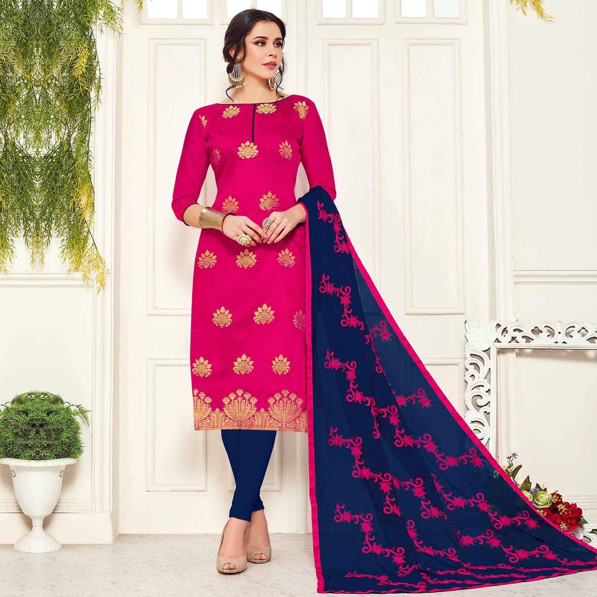 Elegant Deep Pink Colored Casual Wear Woven Banarasi Silk Dress Material - Peachmode