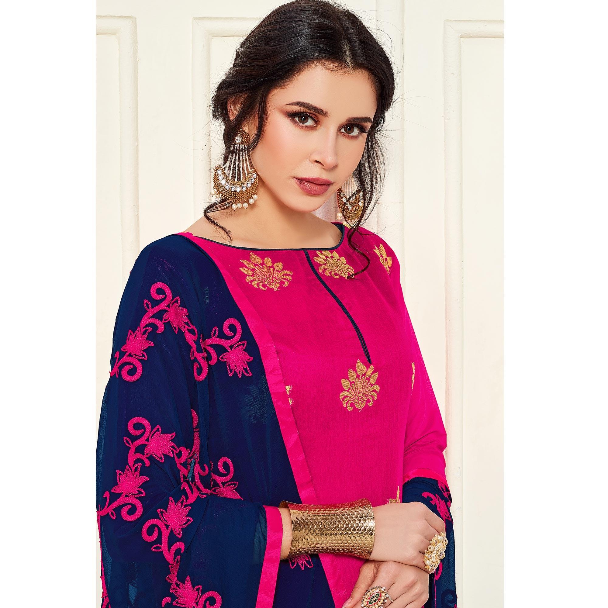Elegant Deep Pink Colored Casual Wear Woven Banarasi Silk Dress Material - Peachmode