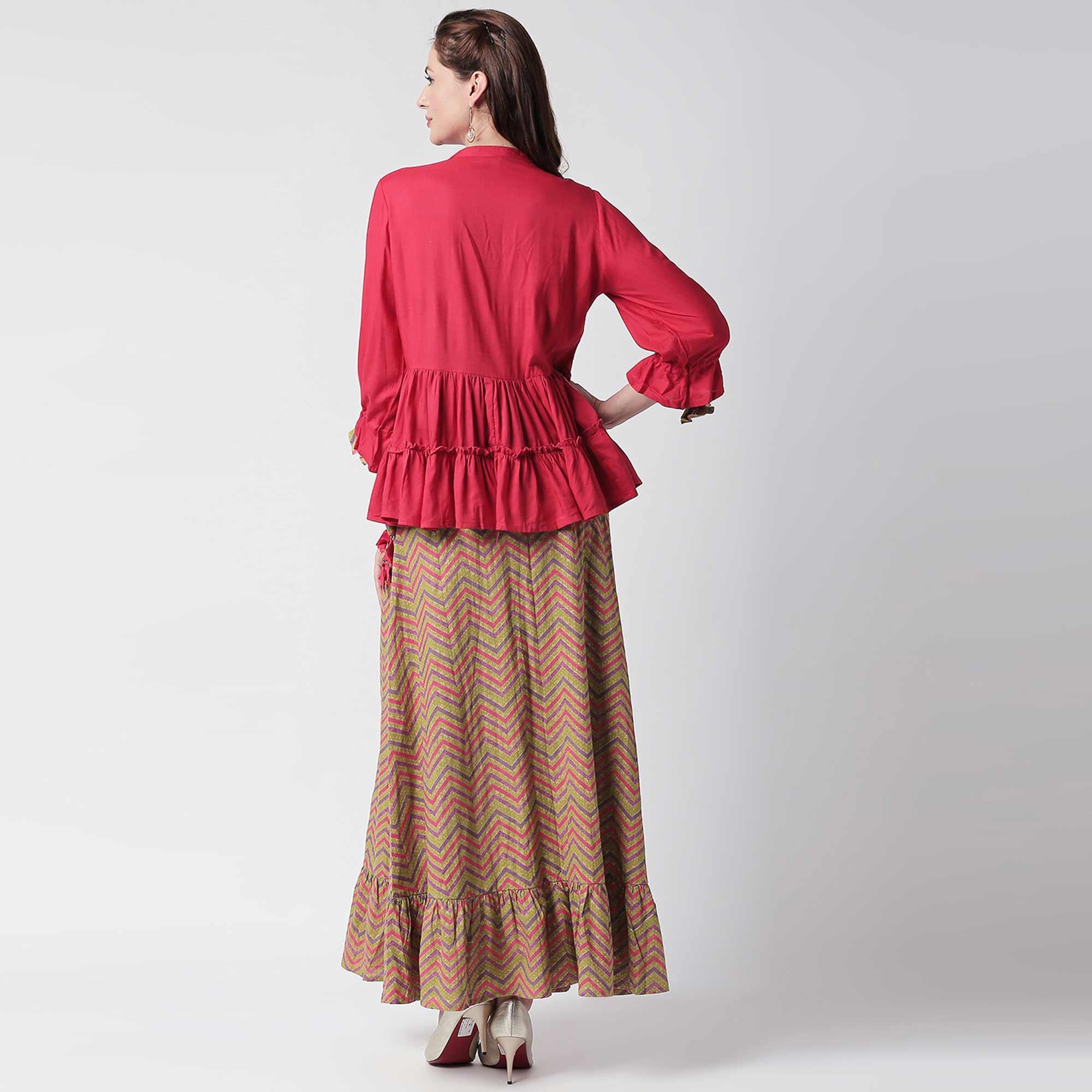 Elegant Fuschia Pink Colored Partywear Cotton Short Kurti - Skirt Set - Peachmode