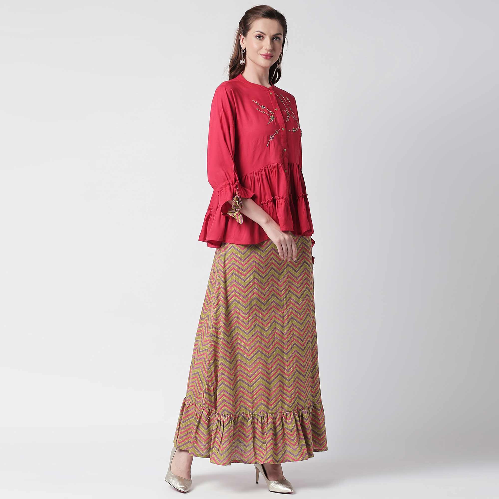 Elegant Fuschia Pink Colored Partywear Cotton Short Kurti - Skirt Set - Peachmode