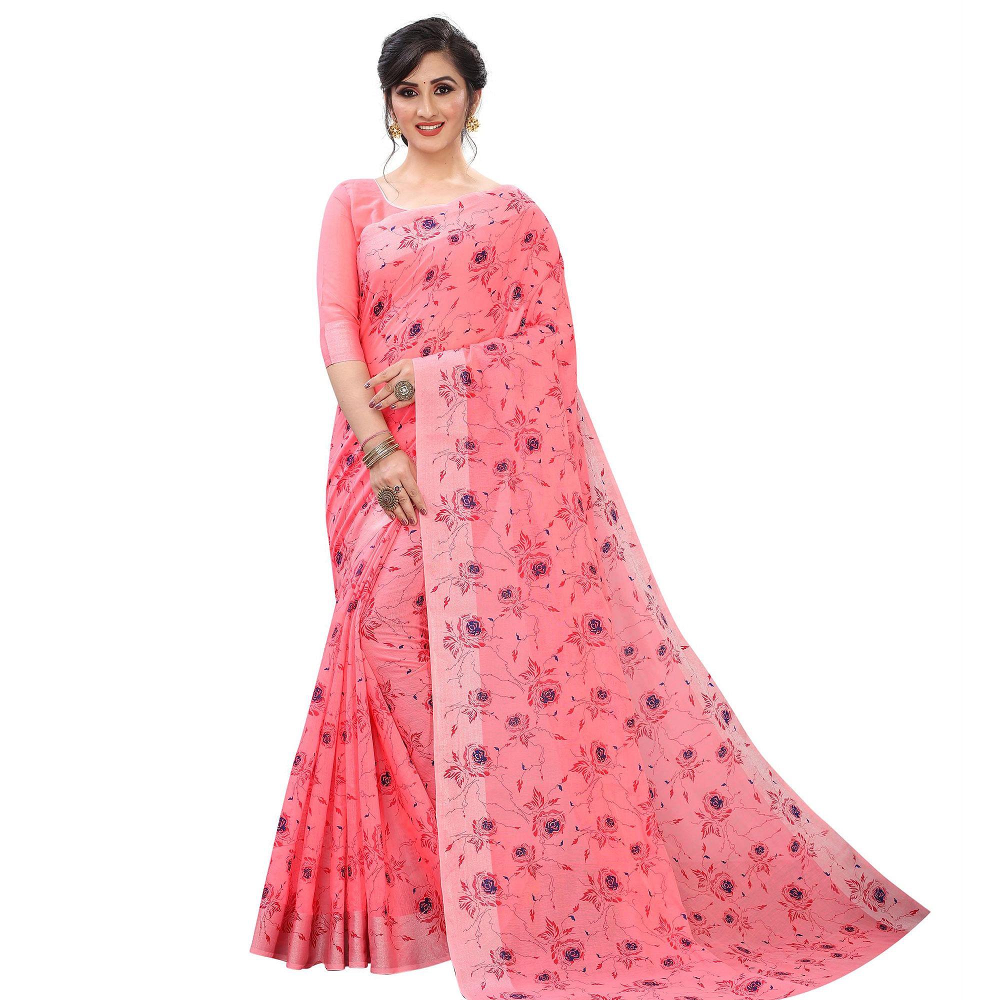 Elegant Gajari Colored Casual Wear Printed Cotton Linen Saree - Peachmode