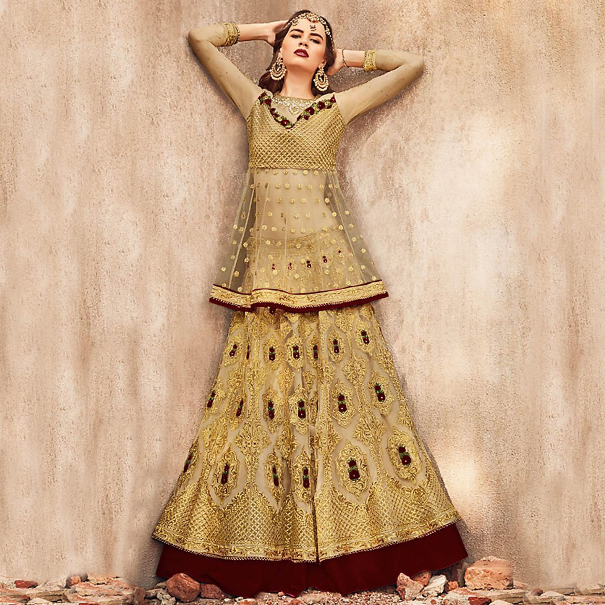 Elegant Golden-Brown Colored Party Wear Embroidered Net Lehenga Choli - Peachmode