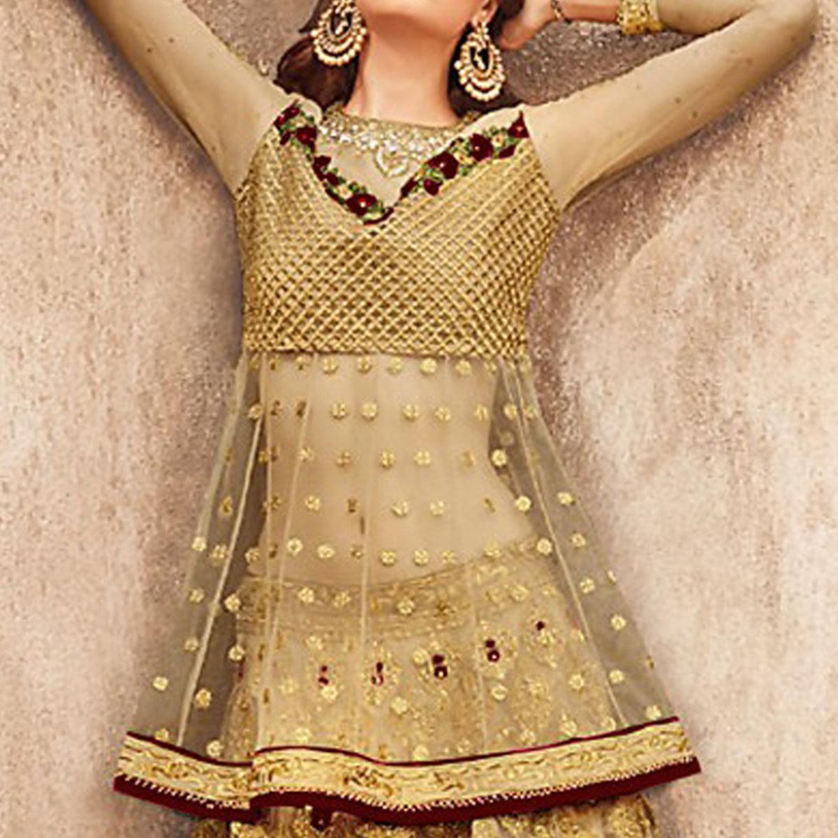 Elegant Golden-Brown Colored Party Wear Embroidered Net Lehenga Choli - Peachmode