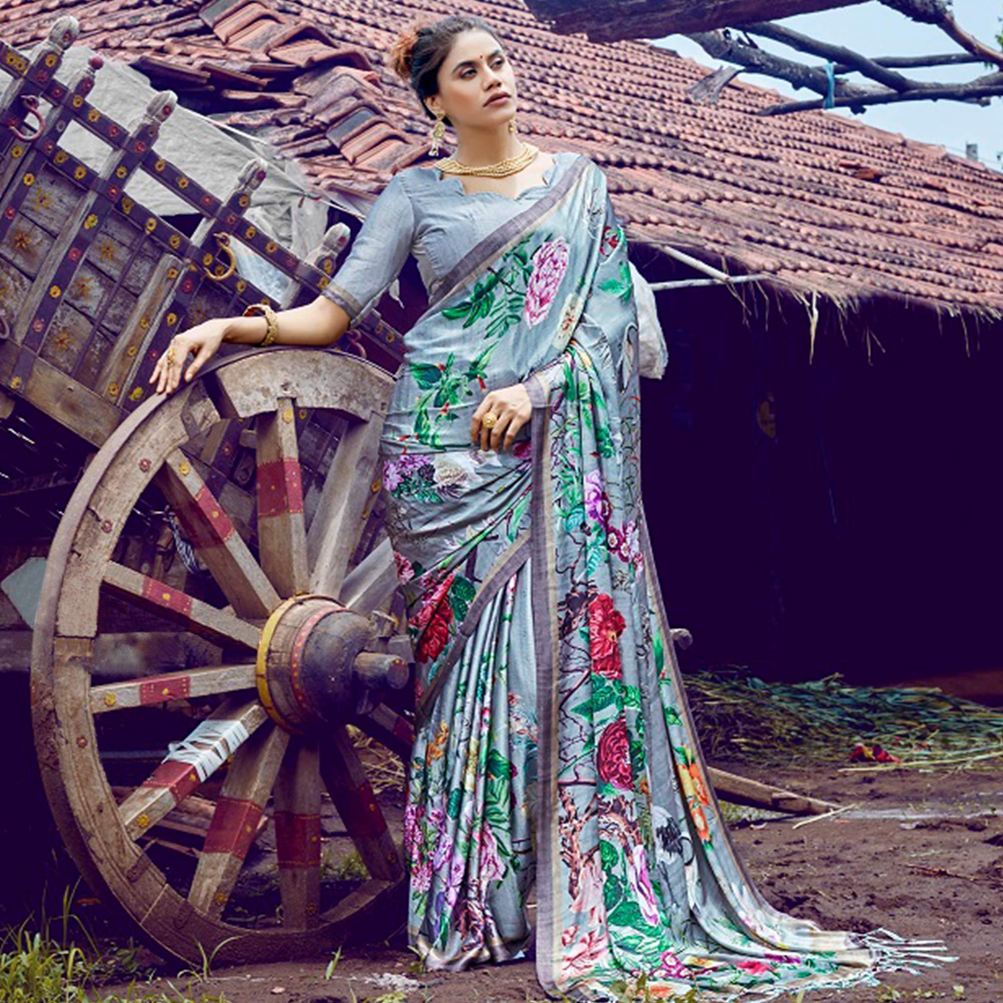 Elegant Gray Colored Casual Digital Printed Satin Crepe Saree - Peachmode